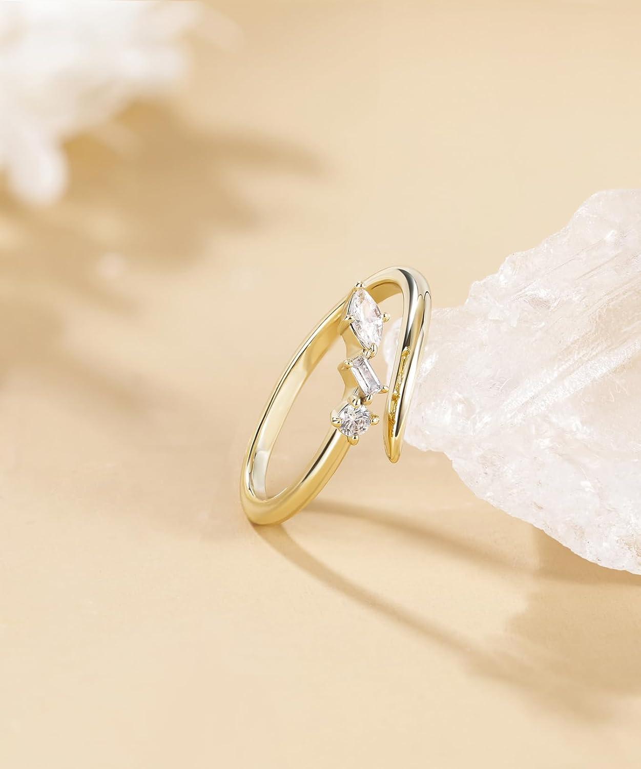 imageTIGRADE 14k Gold Plated Open Rings Dainty Baguette Marquise Round Cubic Zirconia Stackable Ring for Women Size 412