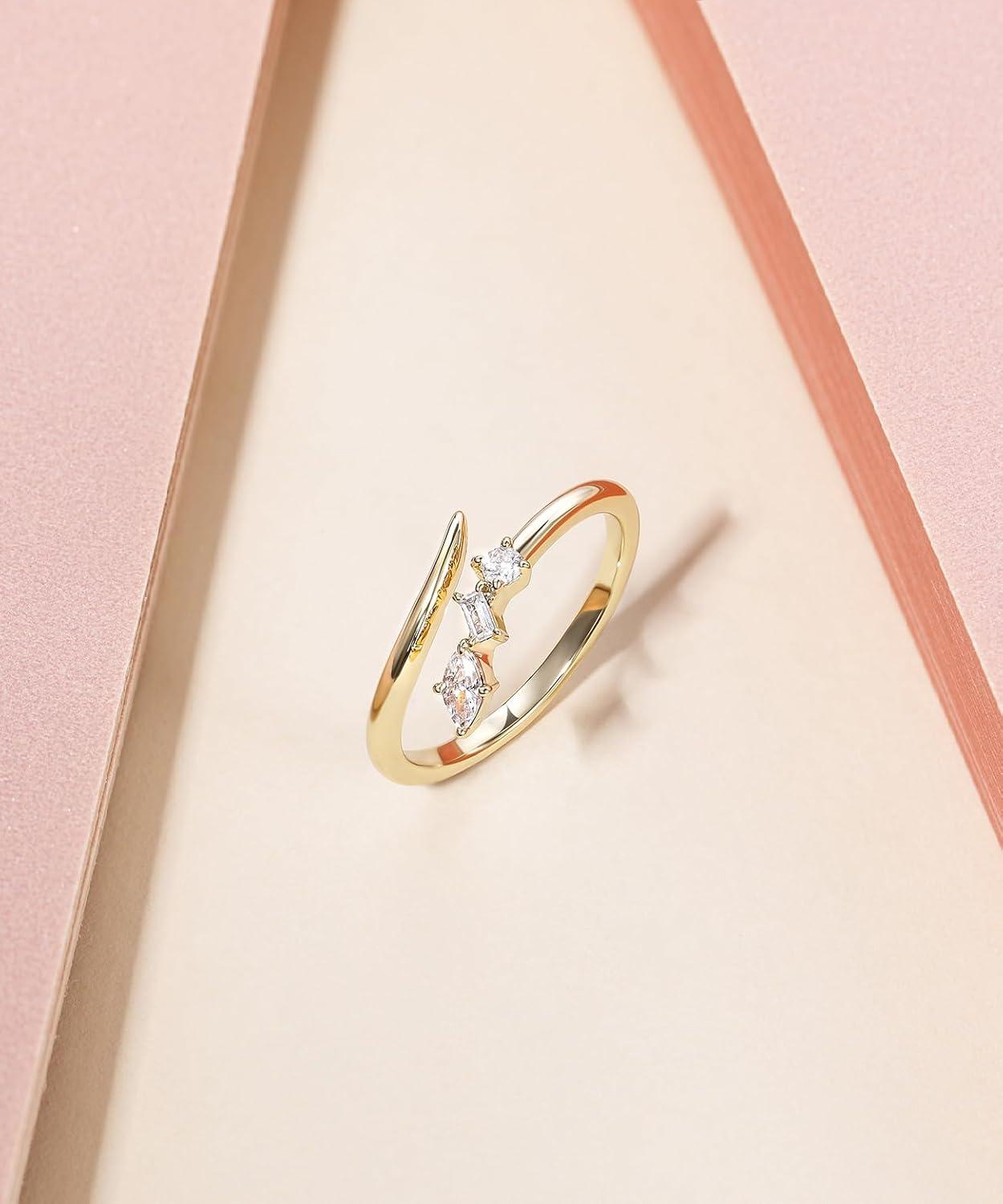 imageTIGRADE 14k Gold Plated Open Rings Dainty Baguette Marquise Round Cubic Zirconia Stackable Ring for Women Size 412