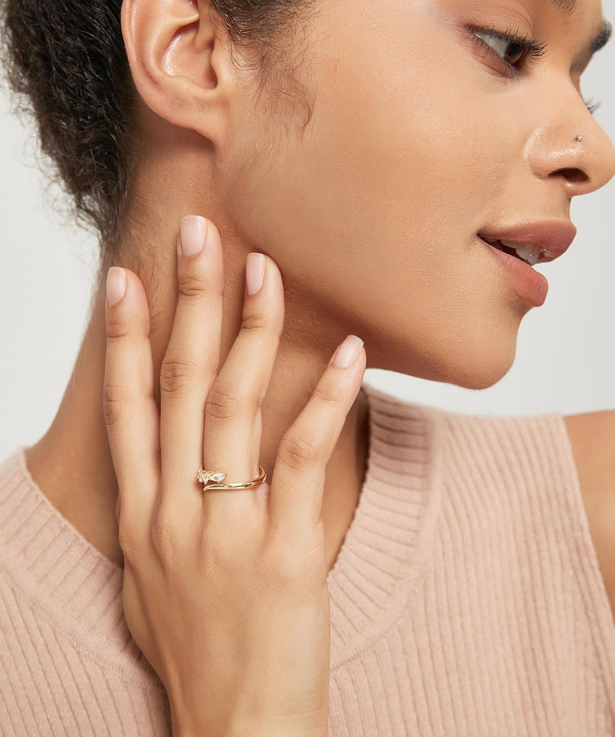 imageTIGRADE 14k Gold Plated Open Rings Dainty Baguette Marquise Round Cubic Zirconia Stackable Ring for Women Size 412