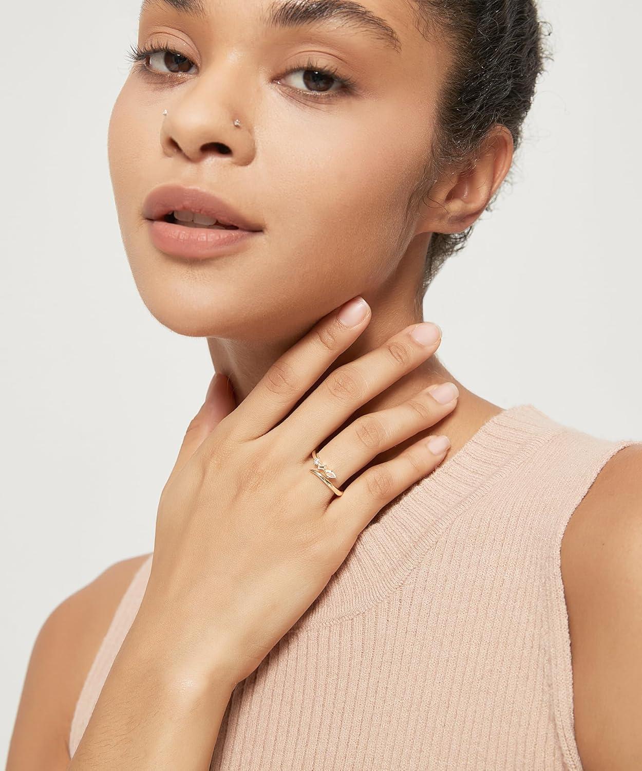 imageTIGRADE 14k Gold Plated Open Rings Dainty Baguette Marquise Round Cubic Zirconia Stackable Ring for Women Size 412