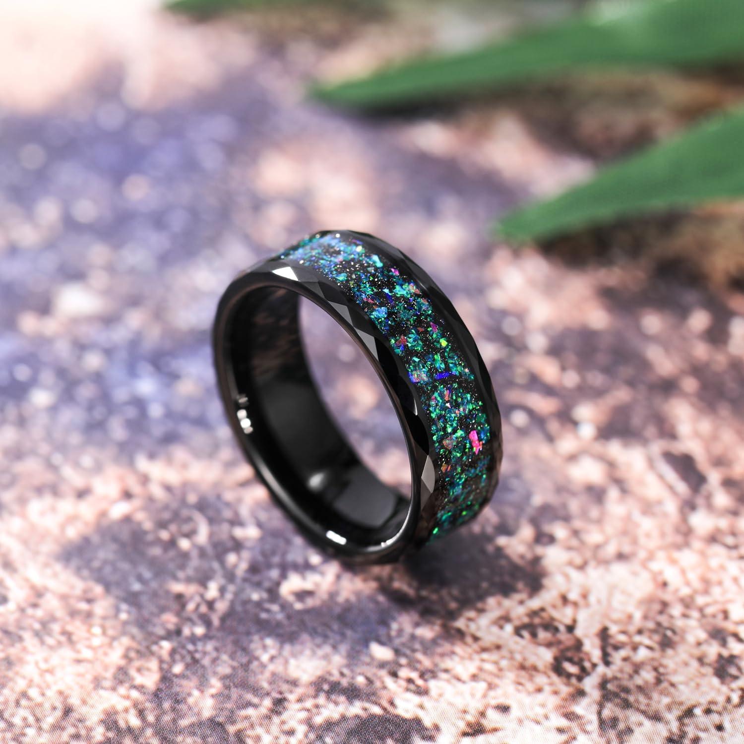 imageTIGRADE 4MM 8MM Tungsten Wedding Band MultiFaceted Edge with MultiColors Opal Inlay Wedding Ring Comfort Fit for Women Size 414