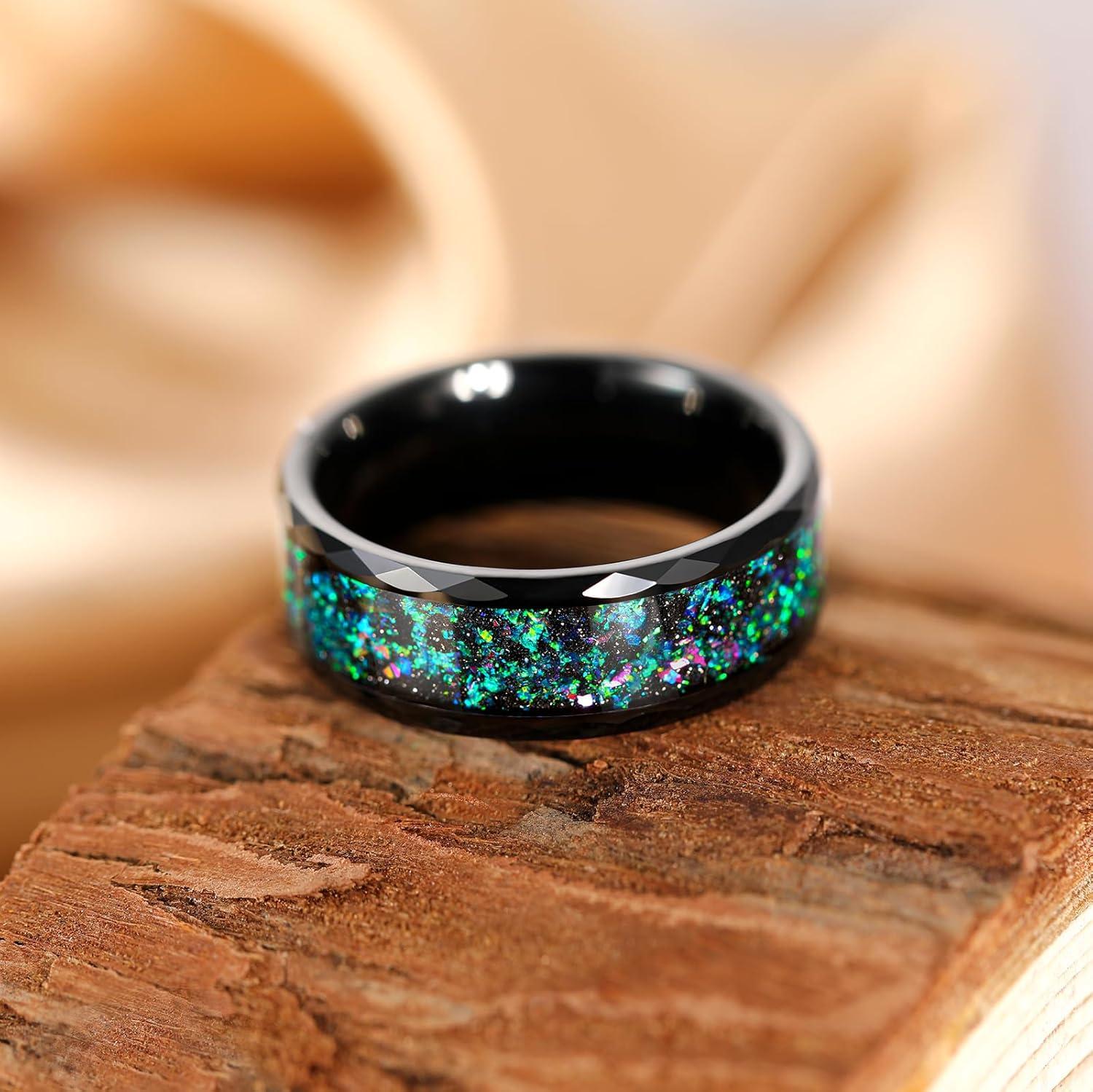 imageTIGRADE 4MM 8MM Tungsten Wedding Band MultiFaceted Edge with MultiColors Opal Inlay Wedding Ring Comfort Fit for Women Size 414