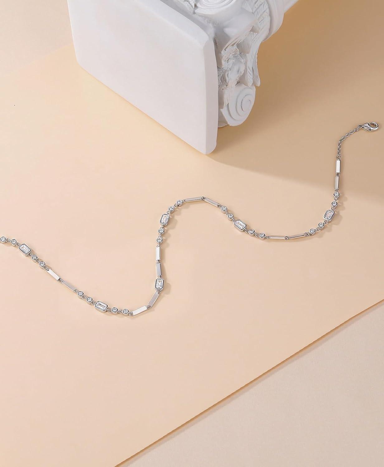 imageTIGRADE Silver Chain Necklace for Women Dainty Rectangular Round Emerald Bezel CZ Anniversary Wedding Necklace Extenders Link with Lobster Clasp 16 Inch
