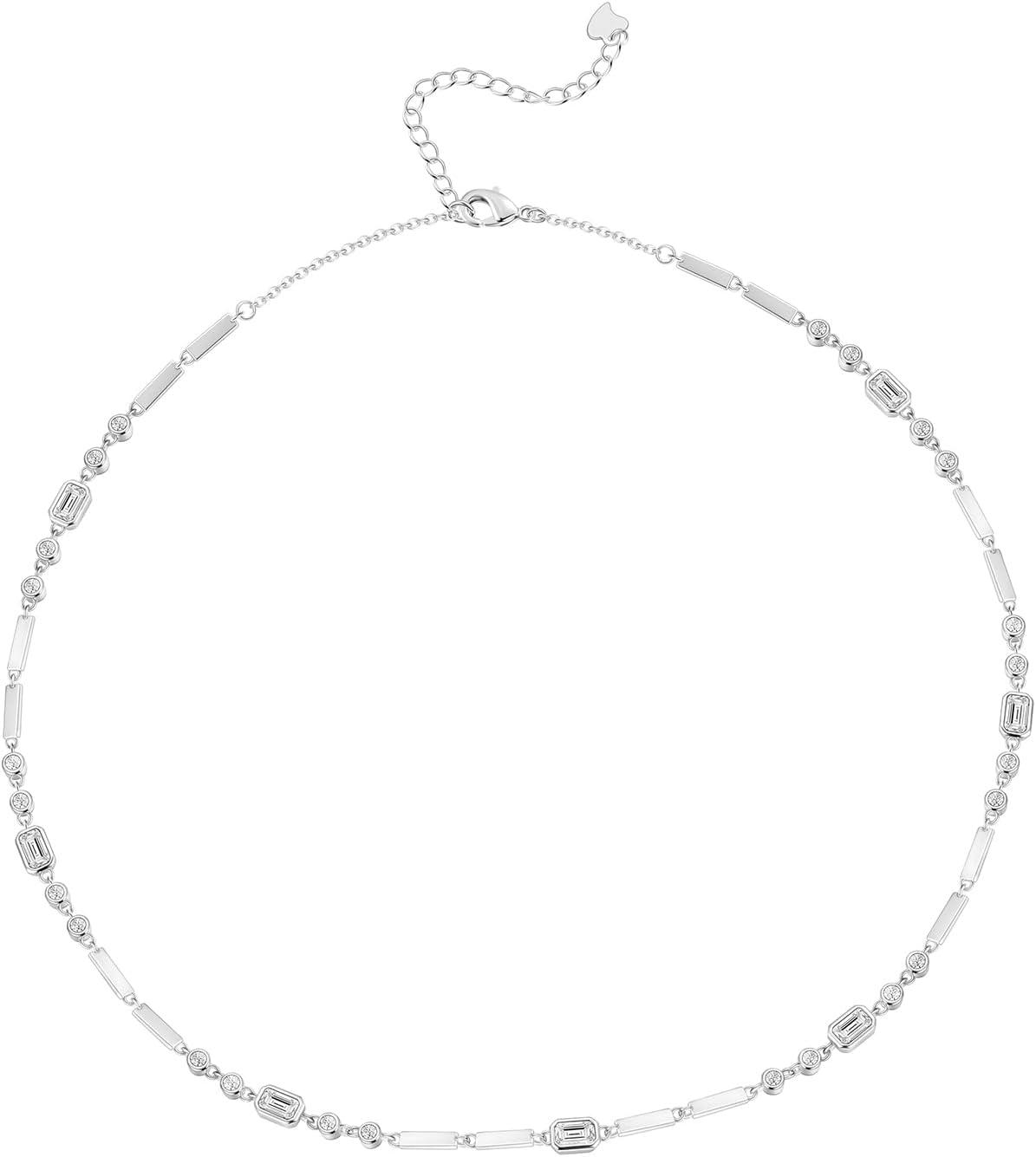 imageTIGRADE Silver Chain Necklace for Women Dainty Rectangular Round Emerald Bezel CZ Anniversary Wedding Necklace Extenders Link with Lobster Clasp 16 Inch
