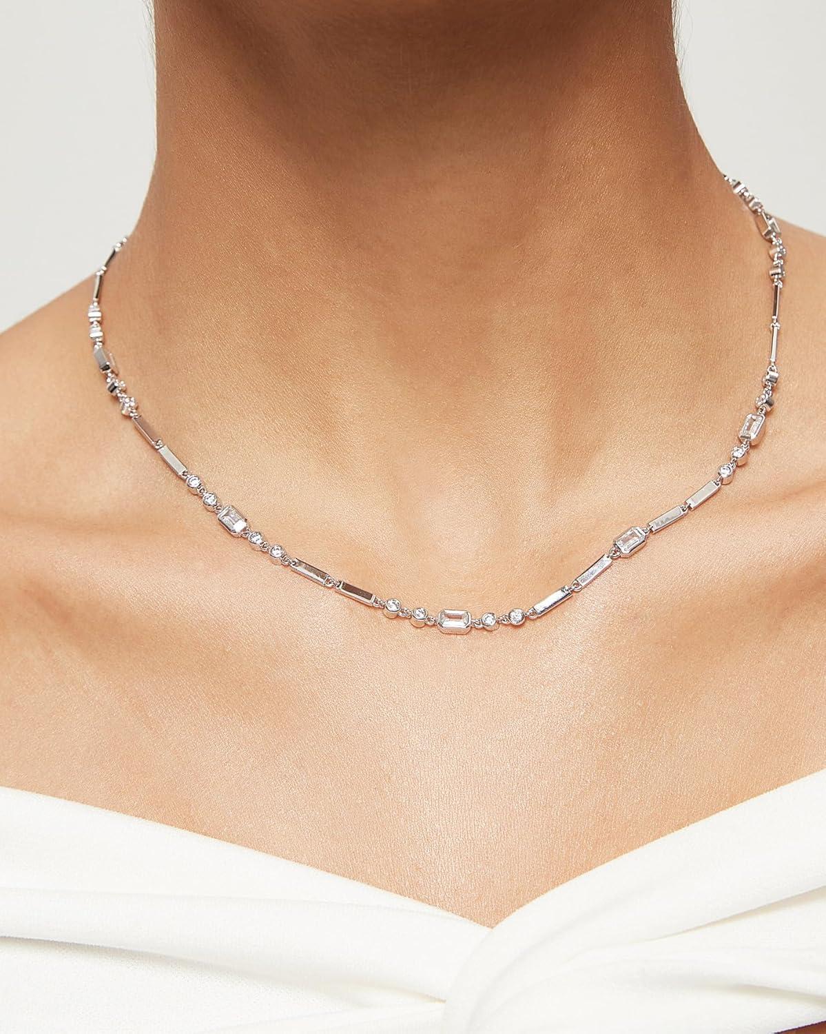 imageTIGRADE Silver Chain Necklace for Women Dainty Rectangular Round Emerald Bezel CZ Anniversary Wedding Necklace Extenders Link with Lobster Clasp 16 Inch