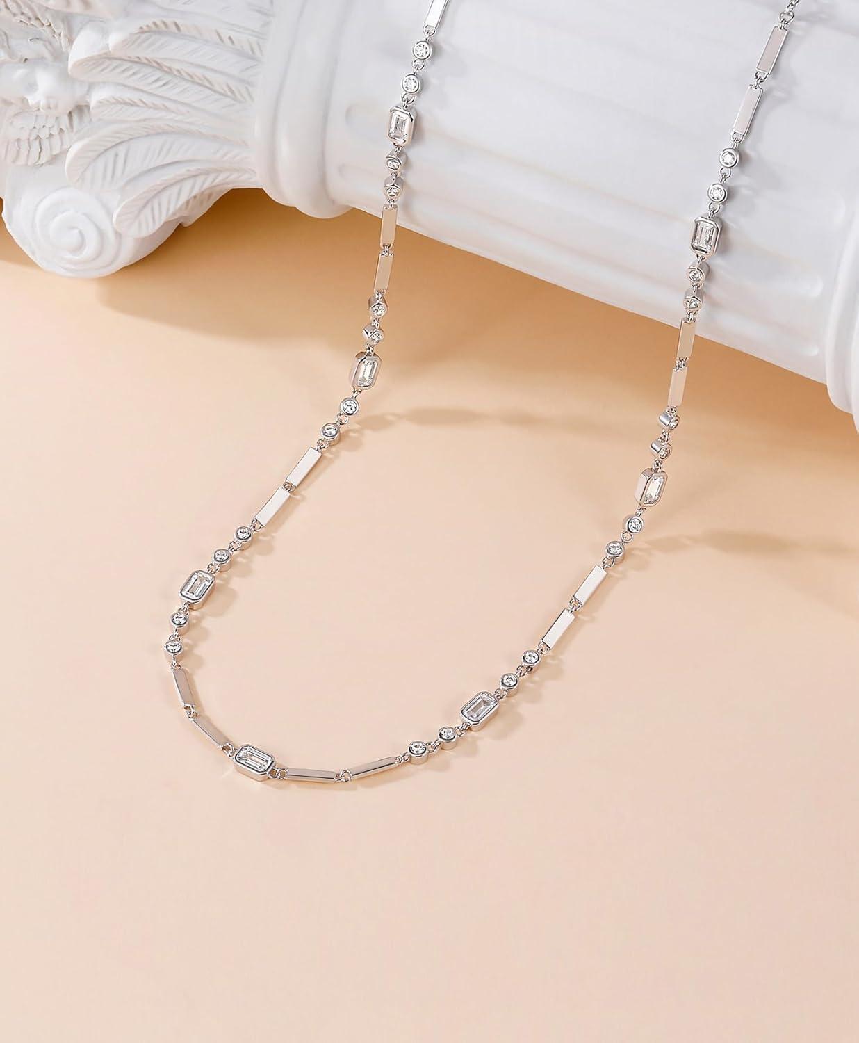 imageTIGRADE Silver Chain Necklace for Women Dainty Rectangular Round Emerald Bezel CZ Anniversary Wedding Necklace Extenders Link with Lobster Clasp 16 Inch