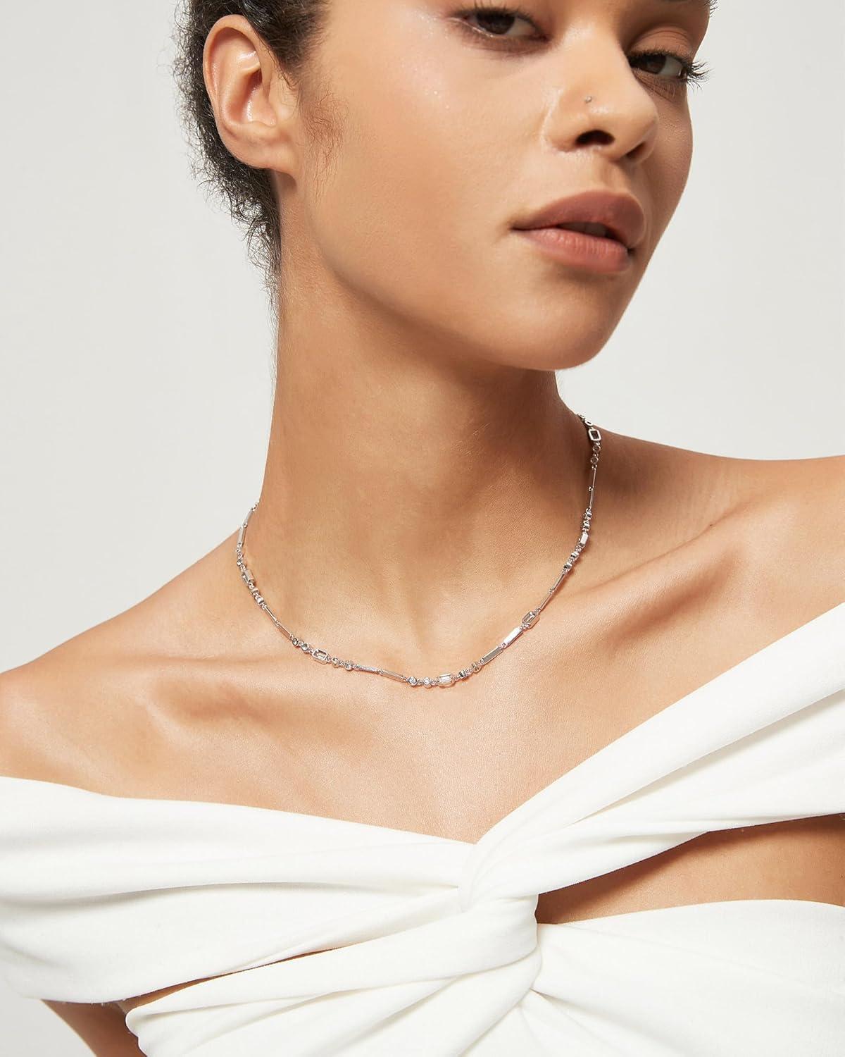 imageTIGRADE Silver Chain Necklace for Women Dainty Rectangular Round Emerald Bezel CZ Anniversary Wedding Necklace Extenders Link with Lobster Clasp 16 Inch