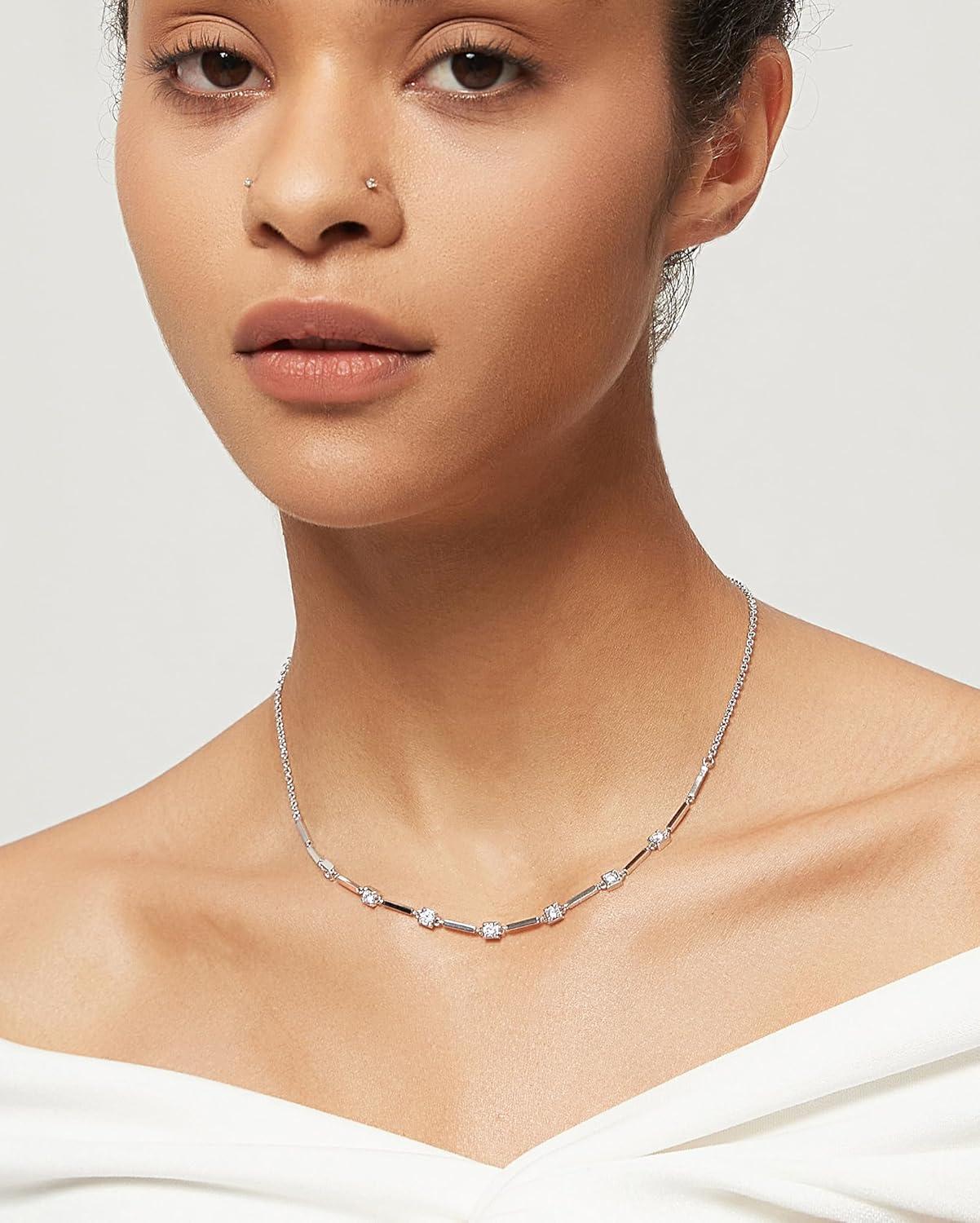 imageTIGRADE Silver Chain Necklace for Women Dainty Rectangular with Round CZ Pendant Anniversary Necklace Extenders Link with Lobster Clasp 16 Inch