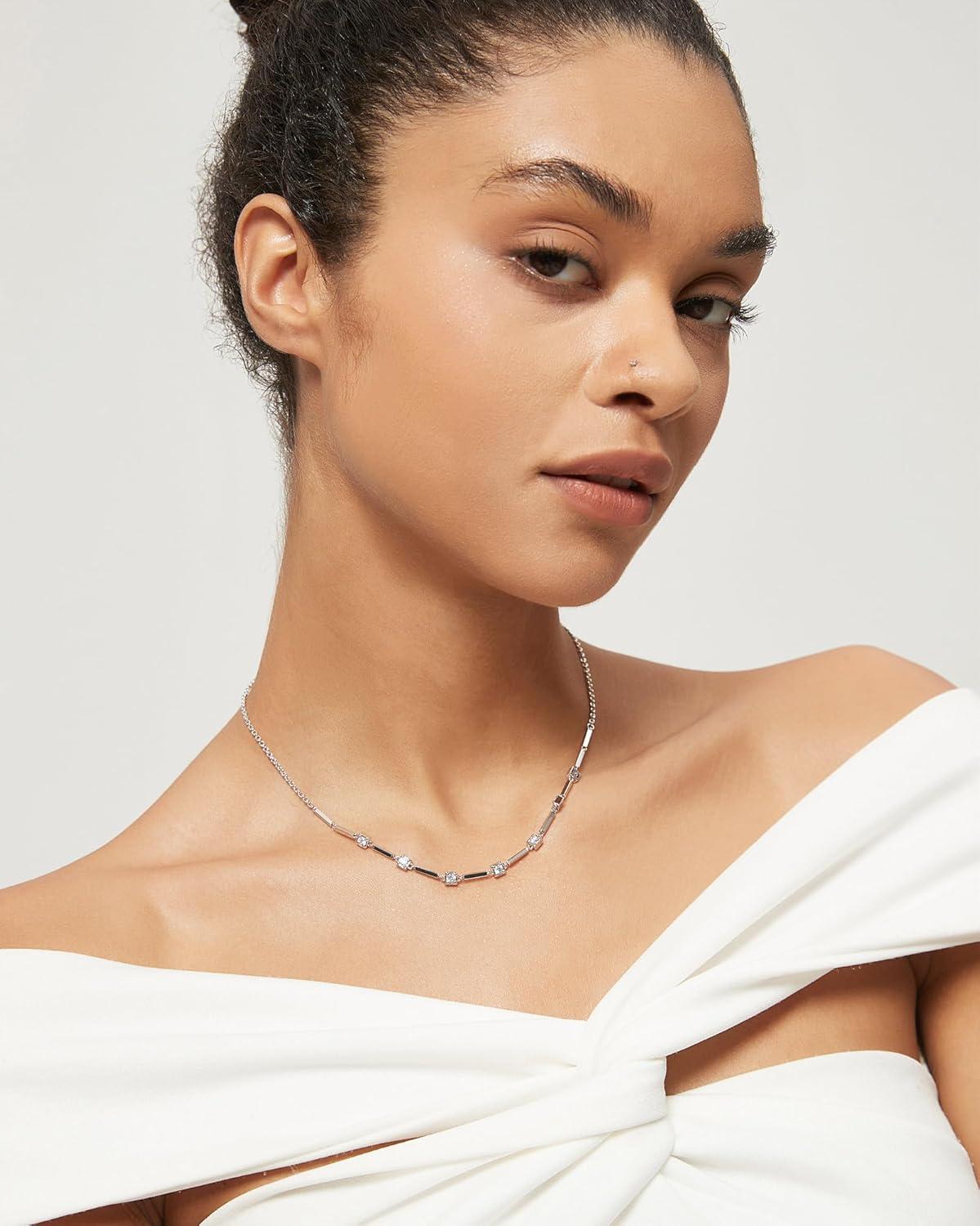 imageTIGRADE Silver Chain Necklace for Women Dainty Rectangular with Round CZ Pendant Anniversary Necklace Extenders Link with Lobster Clasp 16 Inch
