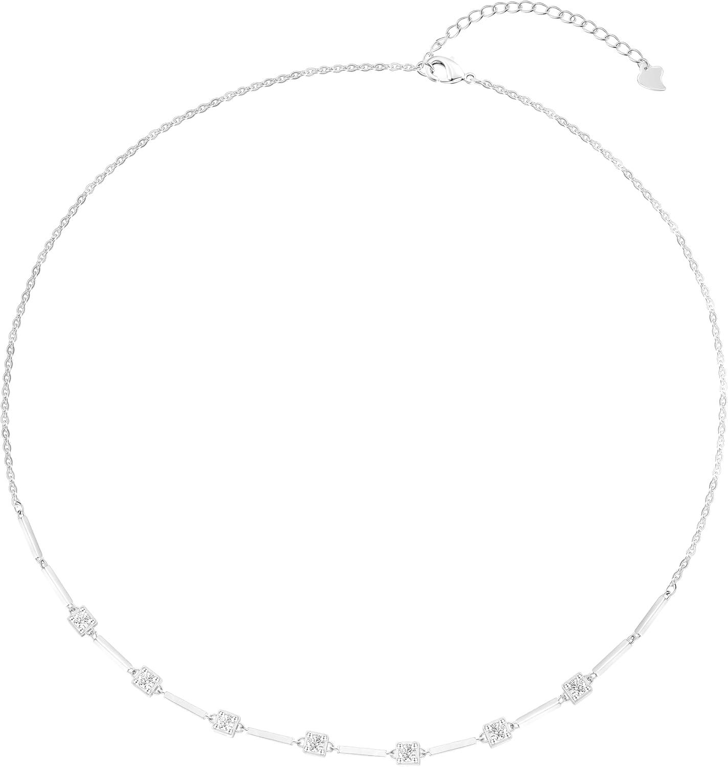 imageTIGRADE Silver Chain Necklace for Women Dainty Rectangular with Round CZ Pendant Anniversary Necklace Extenders Link with Lobster Clasp 16 Inch