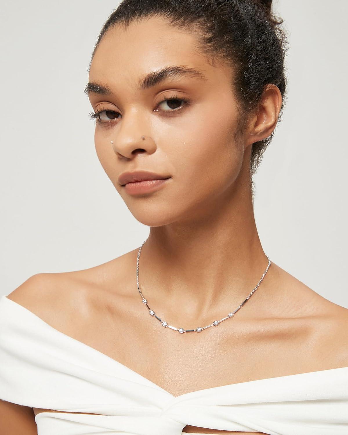 imageTIGRADE Silver Chain Necklace for Women Dainty Rectangular with Round CZ Pendant Anniversary Necklace Extenders Link with Lobster Clasp 16 Inch