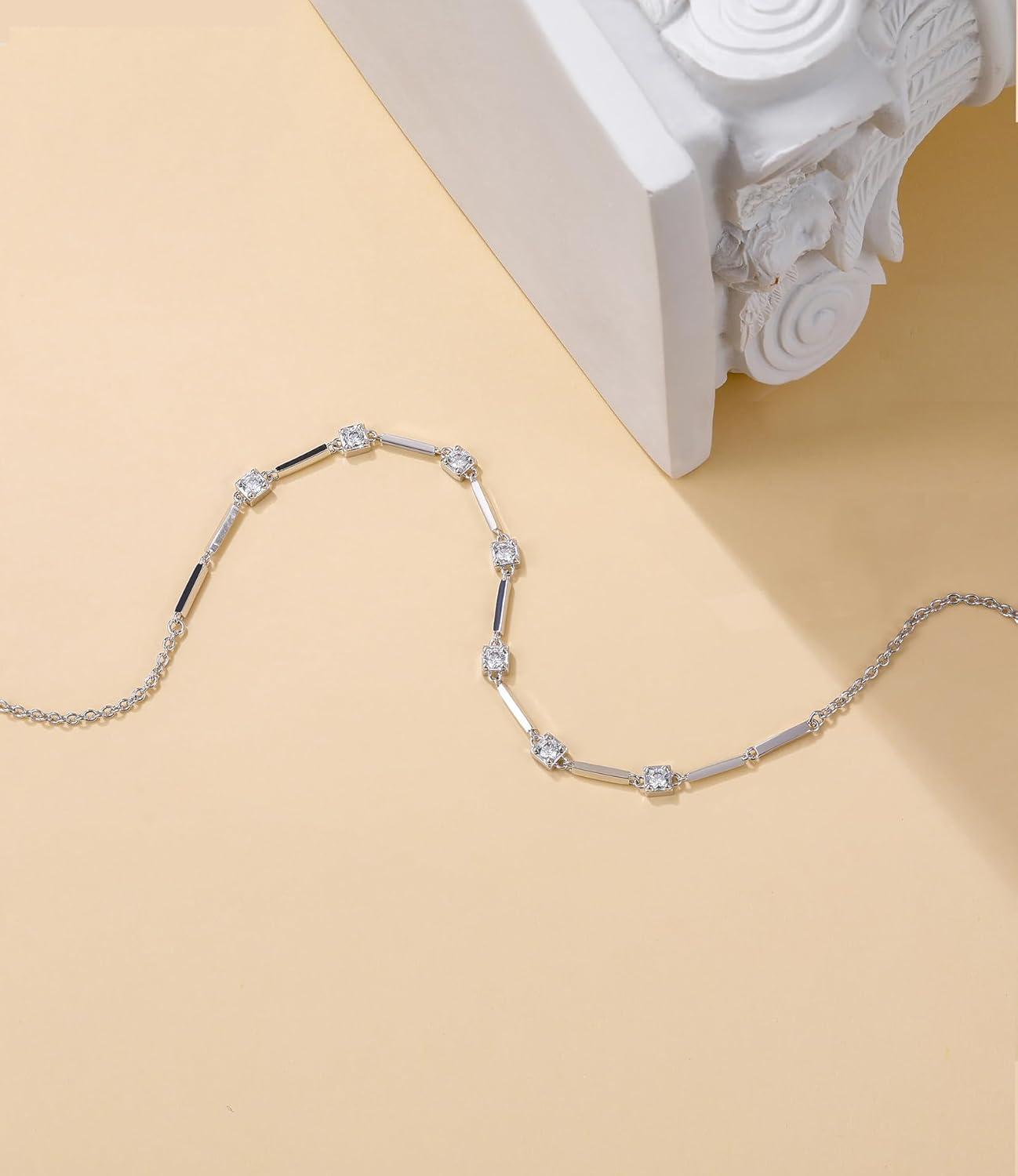 imageTIGRADE Silver Chain Necklace for Women Dainty Rectangular with Round CZ Pendant Anniversary Necklace Extenders Link with Lobster Clasp 16 Inch