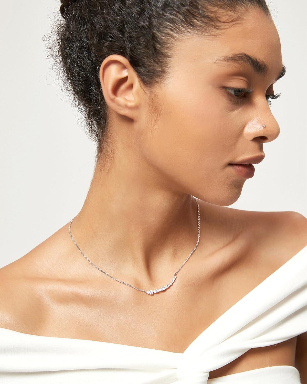 imageTIGRADE Silver Chain Necklace for Women Pear Emerald Round Cut CZ Pendant Anniversary Wedding Necklace Extenders Link with Lobster Clasp 16 Inch