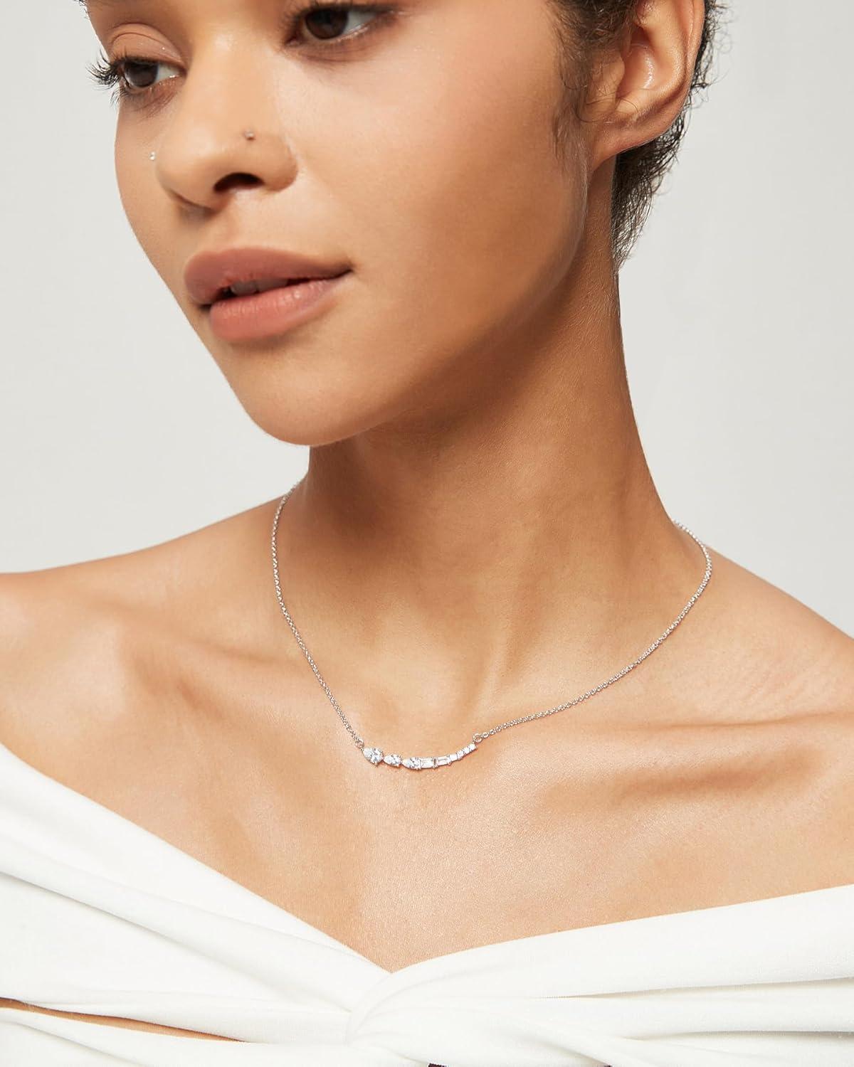 imageTIGRADE Silver Chain Necklace for Women Pear Emerald Round Cut CZ Pendant Anniversary Wedding Necklace Extenders Link with Lobster Clasp 16 Inch