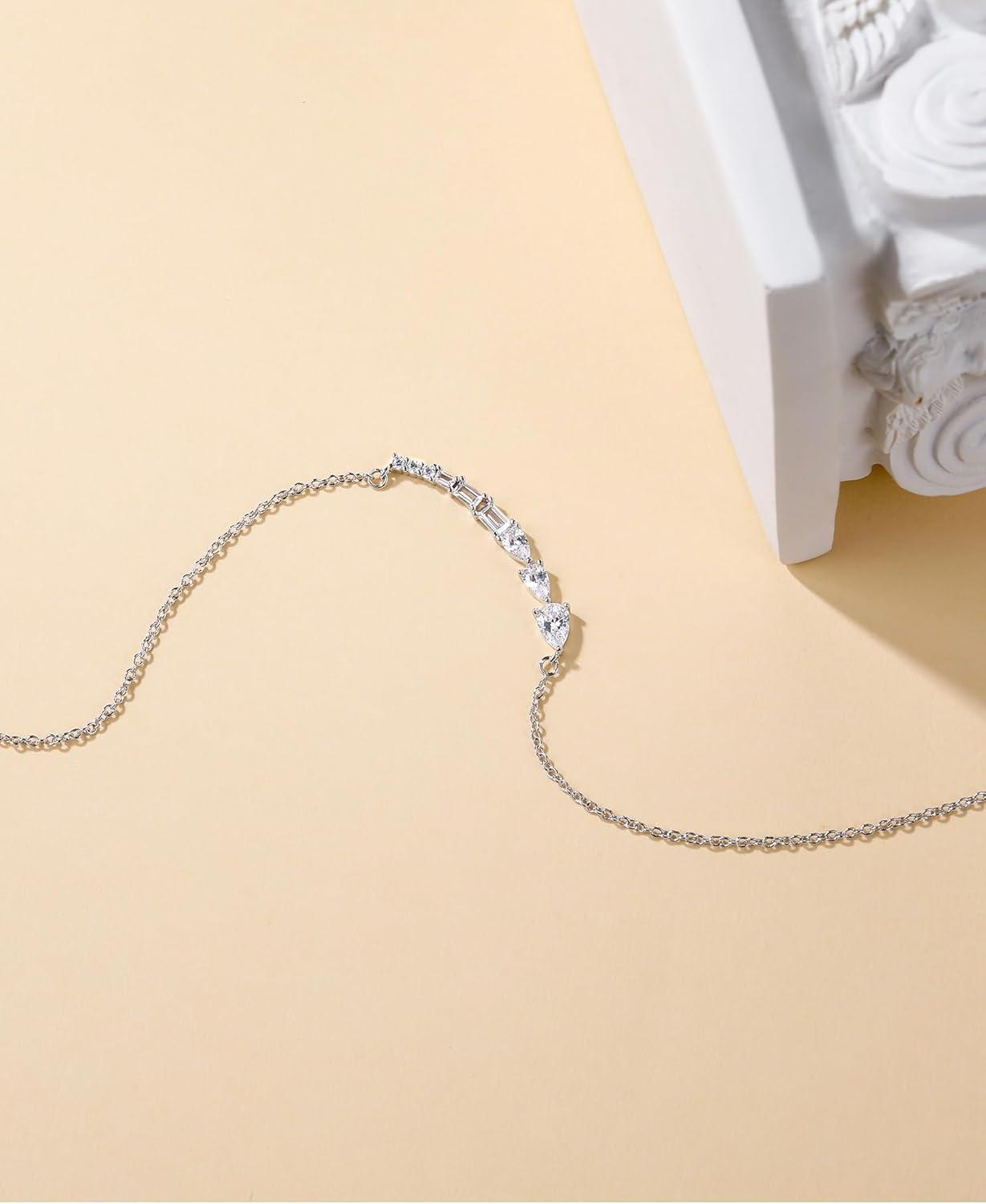 imageTIGRADE Silver Chain Necklace for Women Pear Emerald Round Cut CZ Pendant Anniversary Wedding Necklace Extenders Link with Lobster Clasp 16 Inch