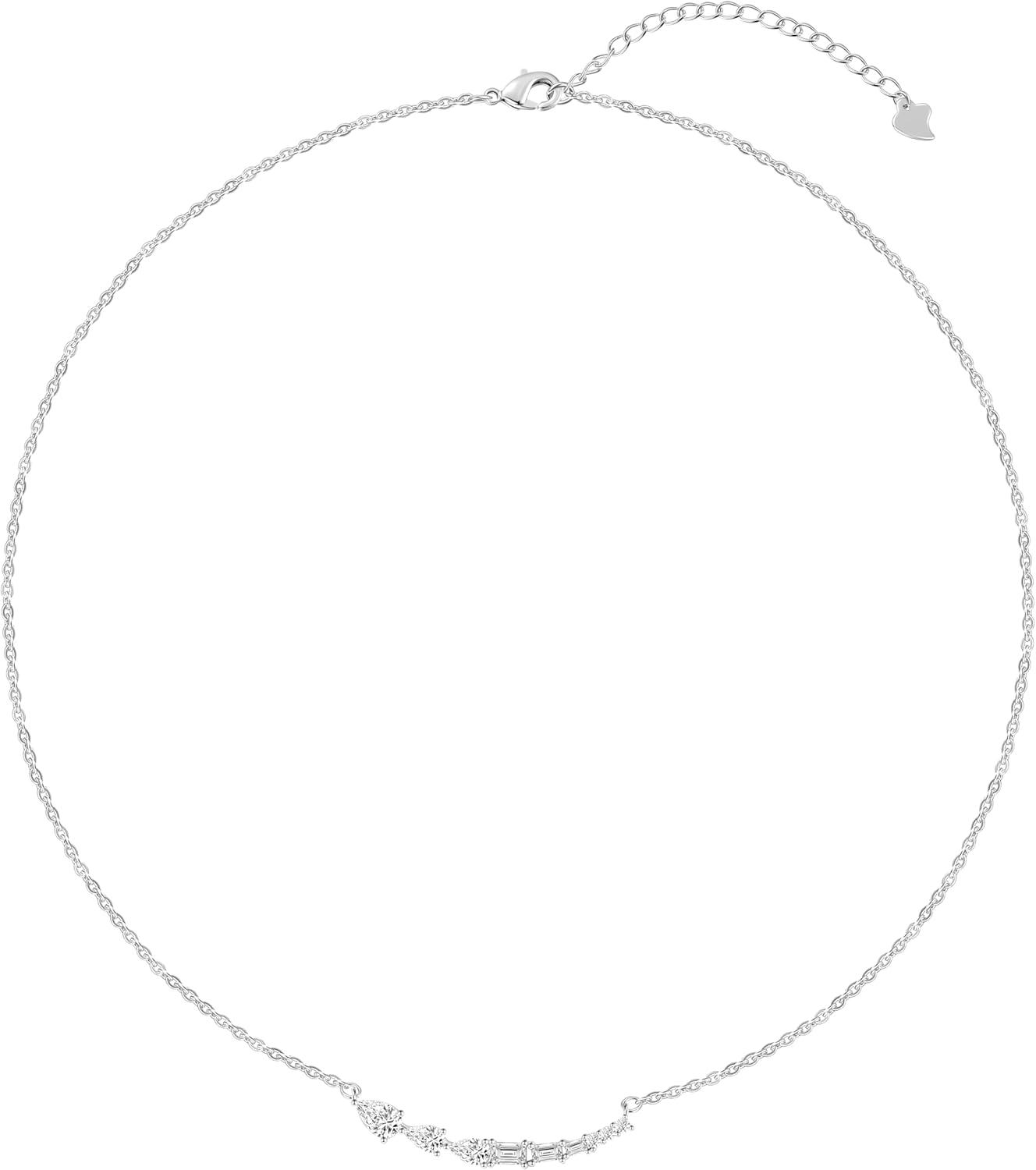 imageTIGRADE Silver Chain Necklace for Women Pear Emerald Round Cut CZ Pendant Anniversary Wedding Necklace Extenders Link with Lobster Clasp 16 Inch