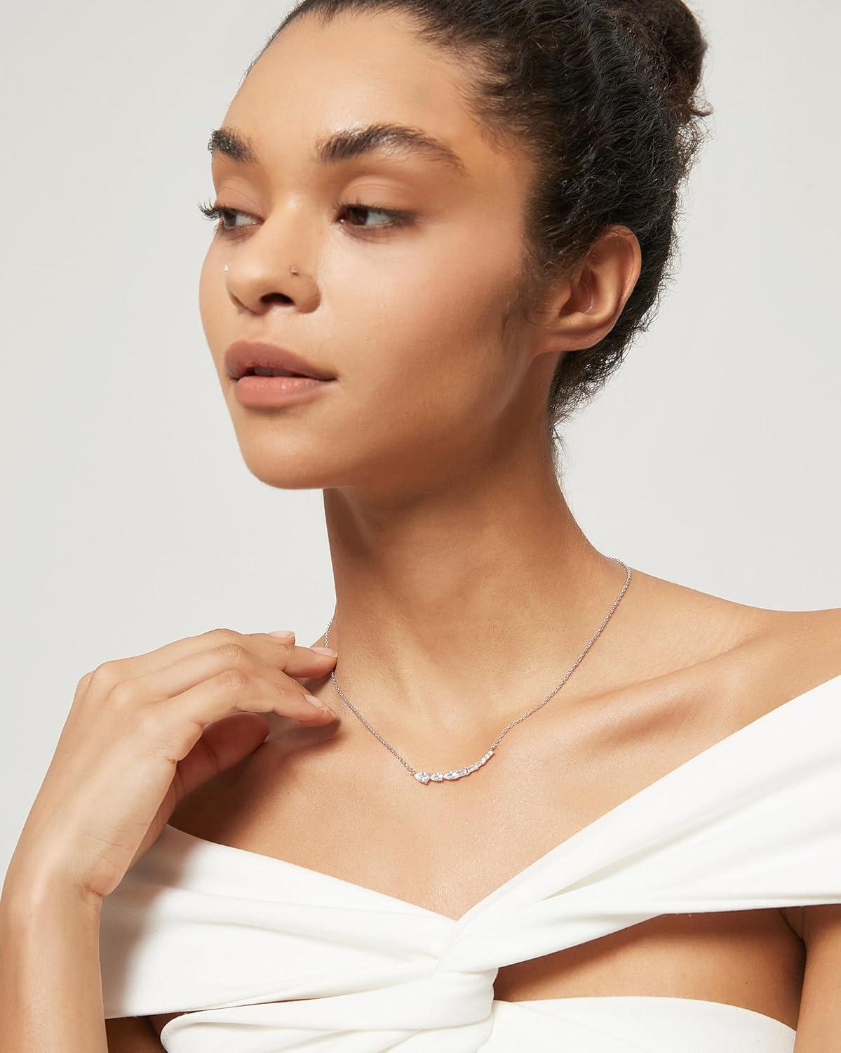 imageTIGRADE Silver Chain Necklace for Women Pear Emerald Round Cut CZ Pendant Anniversary Wedding Necklace Extenders Link with Lobster Clasp 16 Inch