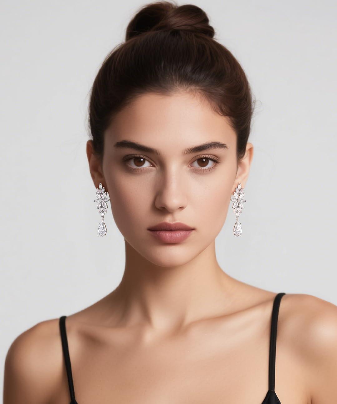 imageTIGRADE Teardrop Wedding Earrings for Brides Bridesmaids Flower Marquise Cubic Zirconia 925 Sterling Silver Post Drop Dangle Earrings for Women Prom