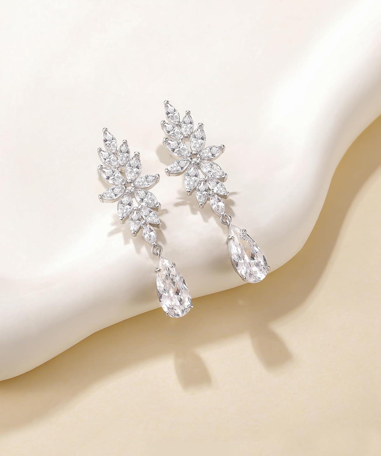 imageTIGRADE Teardrop Wedding Earrings for Brides Bridesmaids Flower Marquise Cubic Zirconia 925 Sterling Silver Post Drop Dangle Earrings for Women Prom