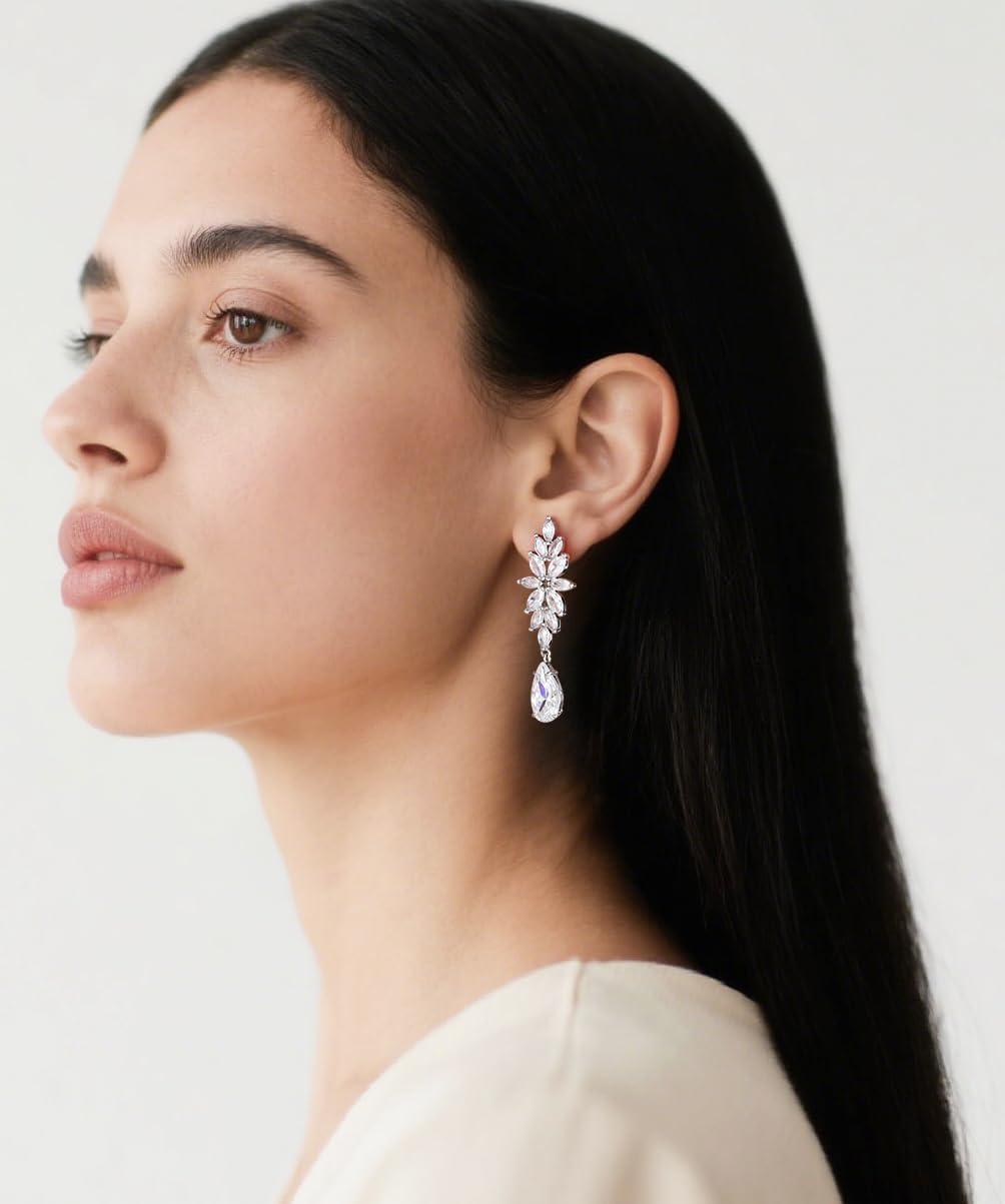 imageTIGRADE Teardrop Wedding Earrings for Brides Bridesmaids Flower Marquise Cubic Zirconia 925 Sterling Silver Post Drop Dangle Earrings for Women Prom