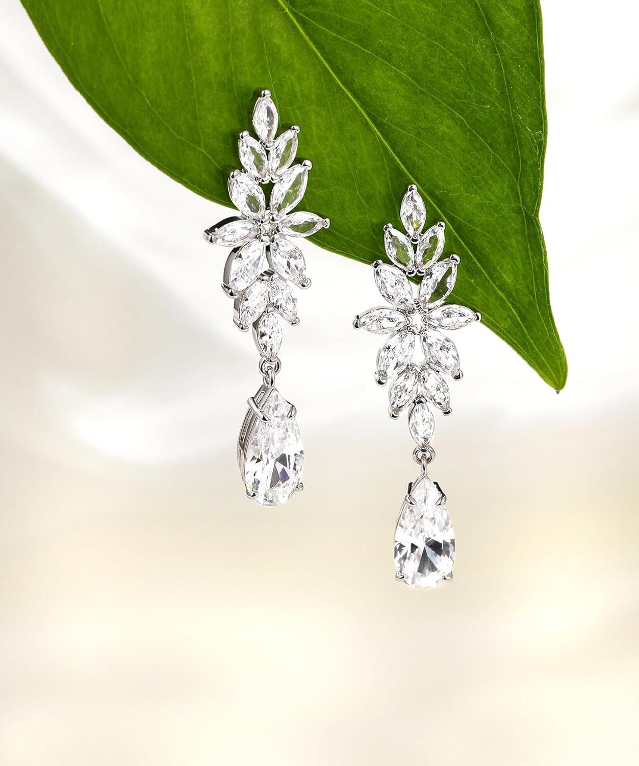 imageTIGRADE Teardrop Wedding Earrings for Brides Bridesmaids Flower Marquise Cubic Zirconia 925 Sterling Silver Post Drop Dangle Earrings for Women Prom