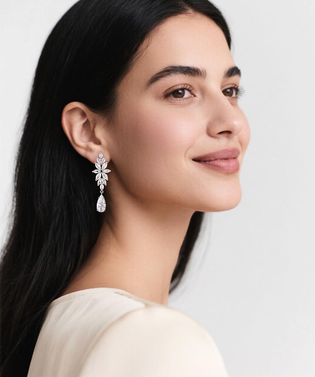 imageTIGRADE Teardrop Wedding Earrings for Brides Bridesmaids Flower Marquise Cubic Zirconia 925 Sterling Silver Post Drop Dangle Earrings for Women Prom