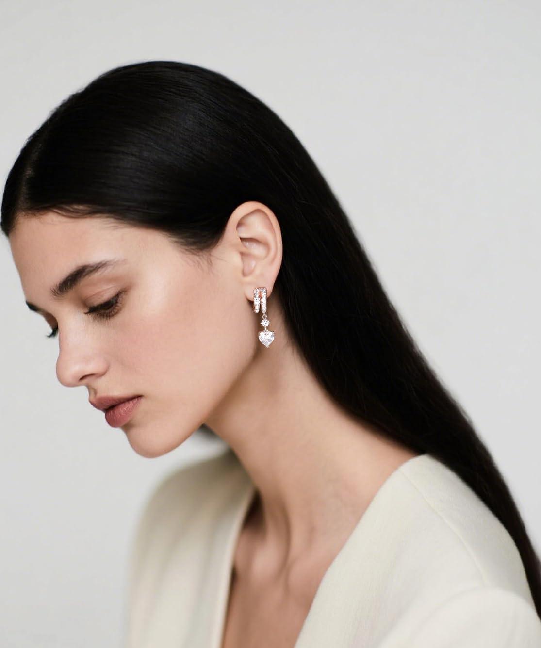 imageTIGRADE Wedding Earrings for Brides Bridesmaids Love Heart Cubic Zirconia Dainty Earrings for Women 925 Sterling Silver Post Drop and Dangle Earrings for PromSilver
