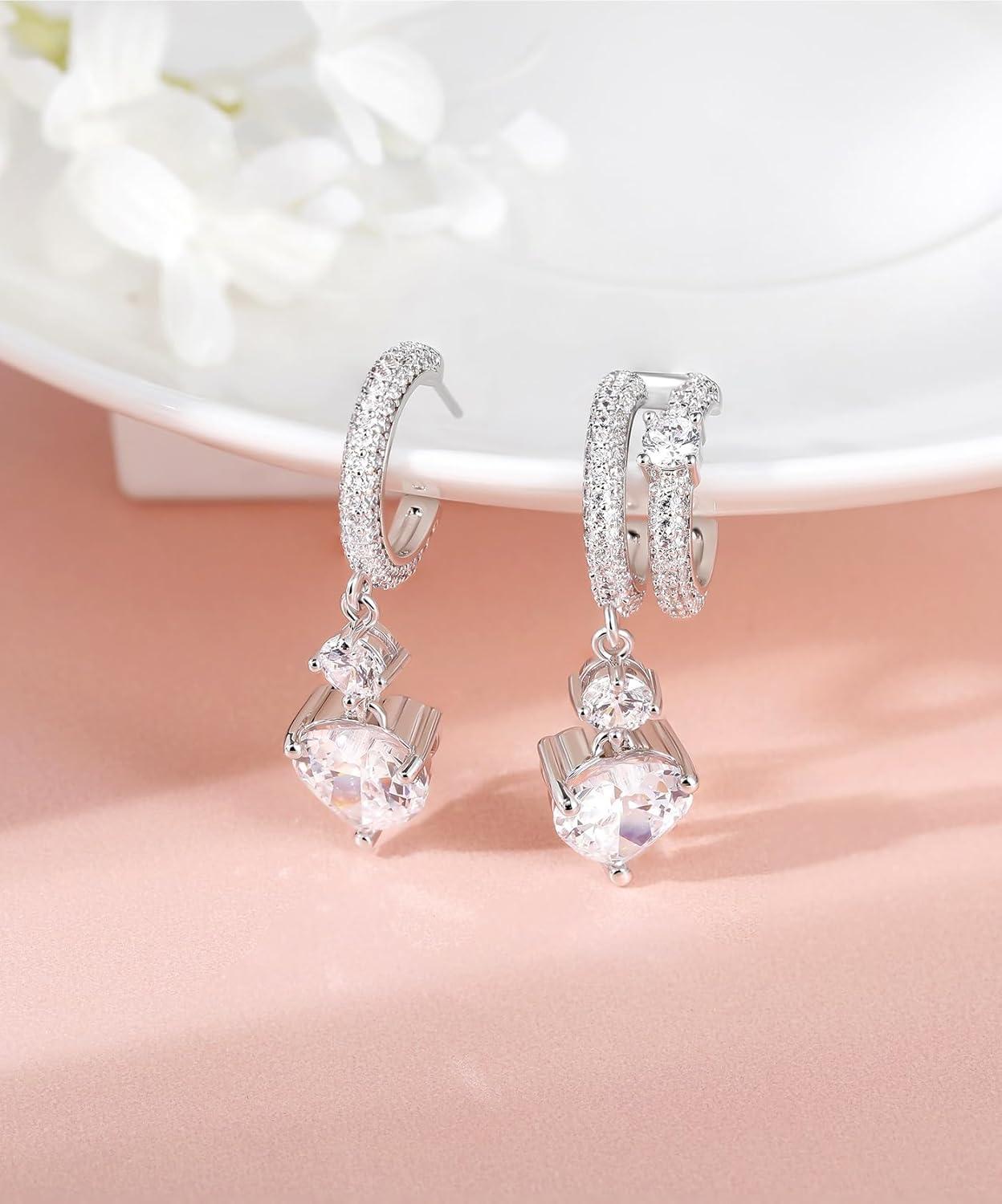 imageTIGRADE Wedding Earrings for Brides Bridesmaids Love Heart Cubic Zirconia Dainty Earrings for Women 925 Sterling Silver Post Drop and Dangle Earrings for PromSilver