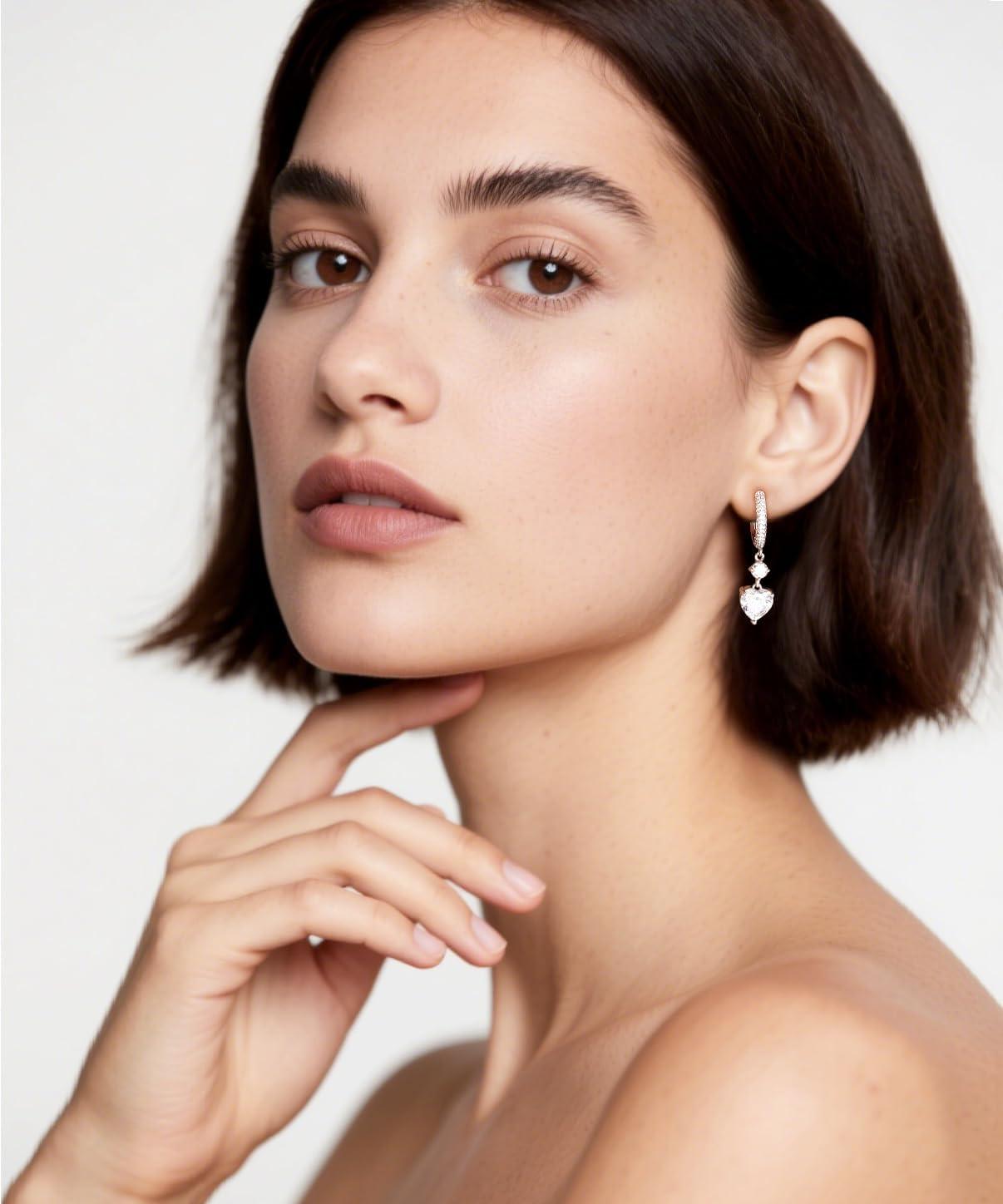 imageTIGRADE Wedding Earrings for Brides Bridesmaids Love Heart Cubic Zirconia Dainty Earrings for Women 925 Sterling Silver Post Drop and Dangle Earrings for PromSilver