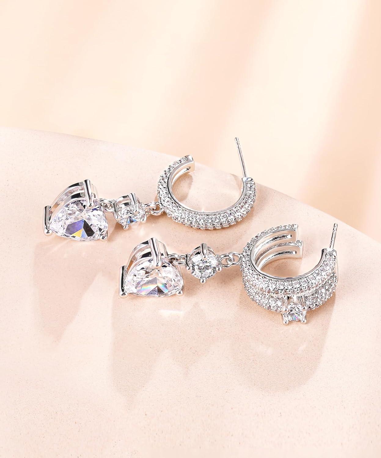imageTIGRADE Wedding Earrings for Brides Bridesmaids Love Heart Cubic Zirconia Dainty Earrings for Women 925 Sterling Silver Post Drop and Dangle Earrings for PromSilver