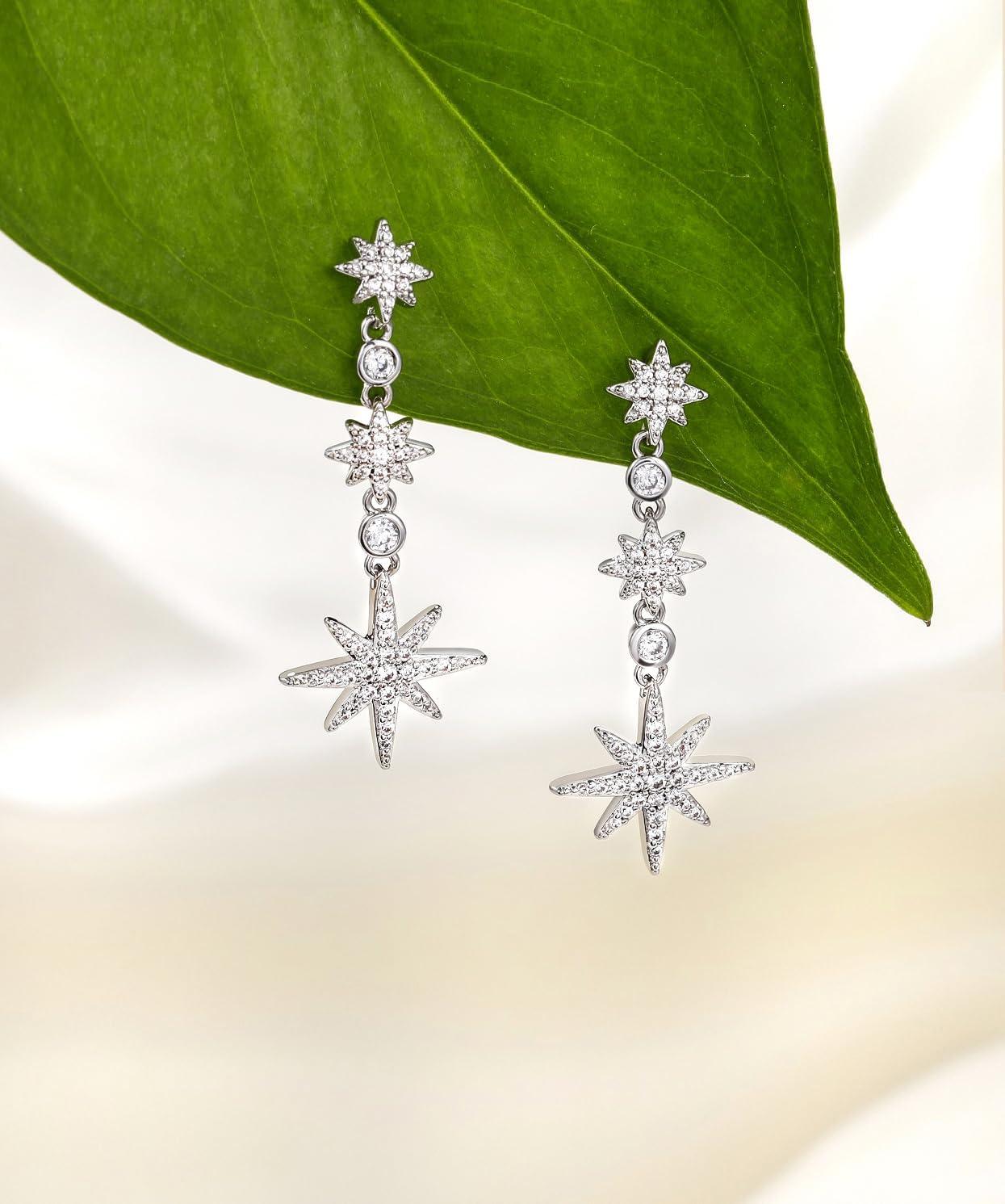 imageTIGRADE Wedding Earrings for Brides Bridesmaids Silver Star Hexagonal Snowflakes Dangling Cubic Zirconia 925 Sterling Silver Post Earrings for Women Prom