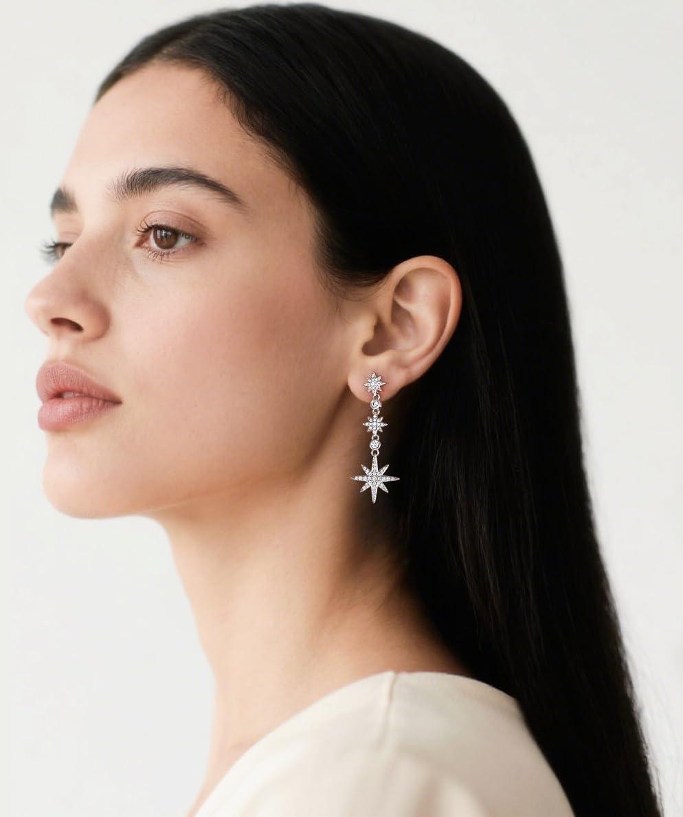 imageTIGRADE Wedding Earrings for Brides Bridesmaids Silver Star Hexagonal Snowflakes Dangling Cubic Zirconia 925 Sterling Silver Post Earrings for Women Prom