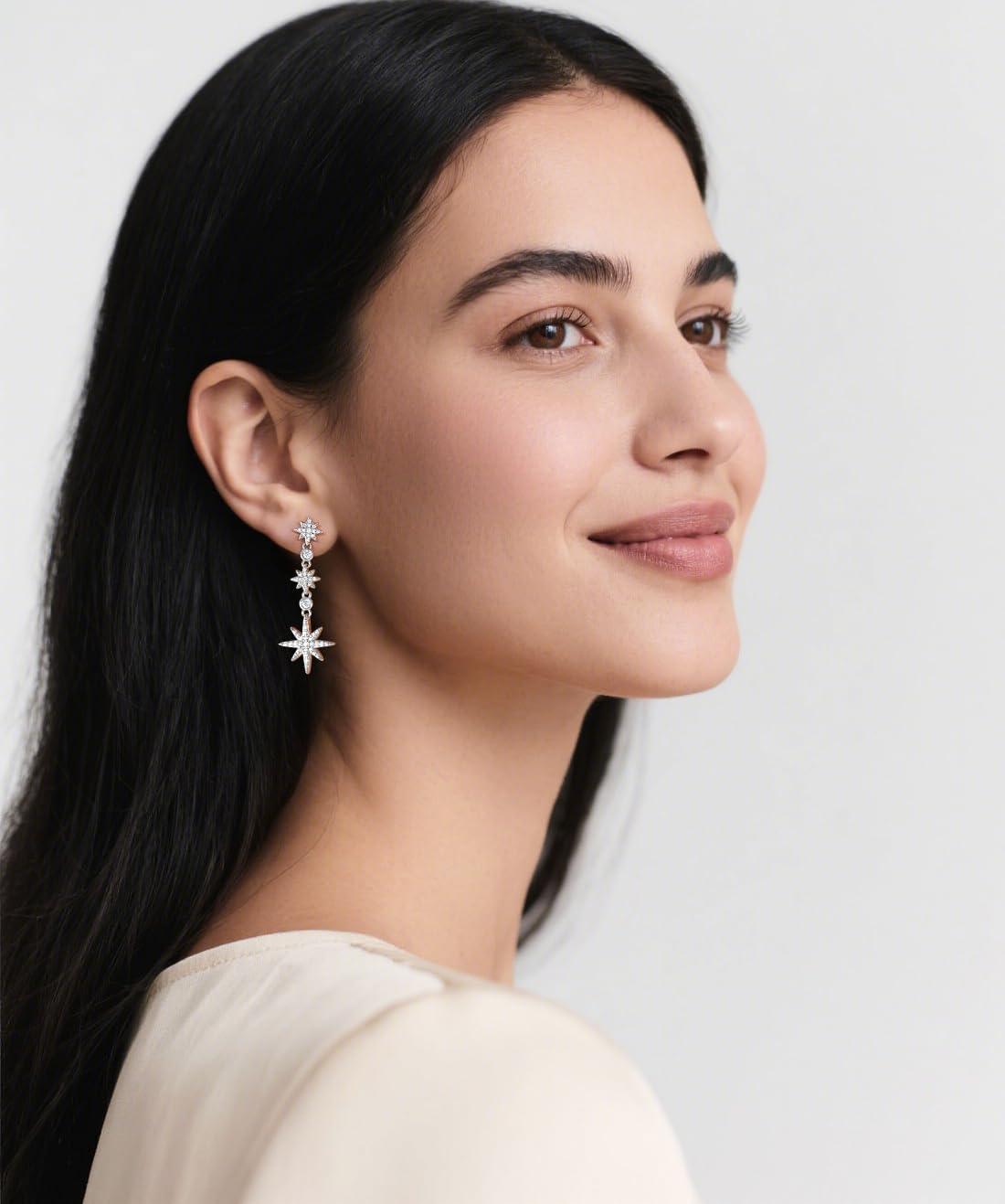 imageTIGRADE Wedding Earrings for Brides Bridesmaids Silver Star Hexagonal Snowflakes Dangling Cubic Zirconia 925 Sterling Silver Post Earrings for Women Prom