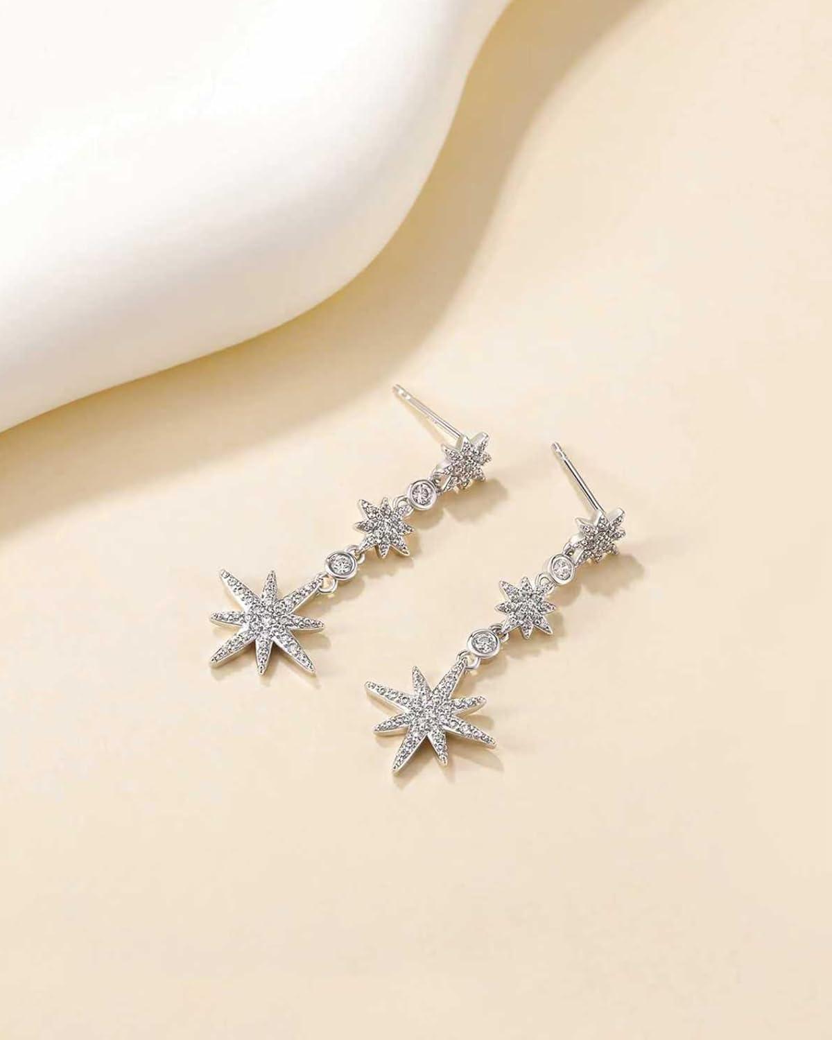 imageTIGRADE Wedding Earrings for Brides Bridesmaids Silver Star Hexagonal Snowflakes Dangling Cubic Zirconia 925 Sterling Silver Post Earrings for Women Prom