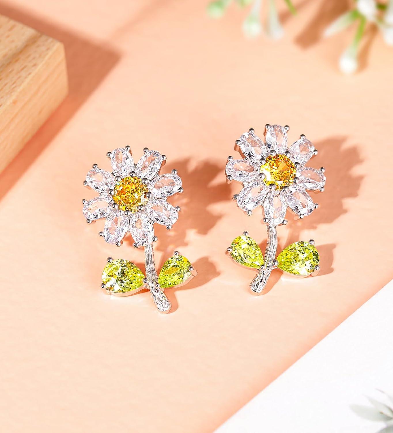 imageTIGRADE Women Stud Earrings Daisy Flower Cubic Zirconia Earrings 925 Sterling Silver Post Hypoallergenic Dainty Earrings