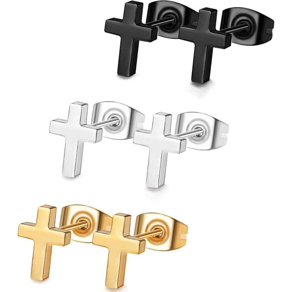 image3 Pairs Mens Womens Cross Hoop Earrings Set Stainless Steel Lightweight Dangle Hinged EarringsCross Stud