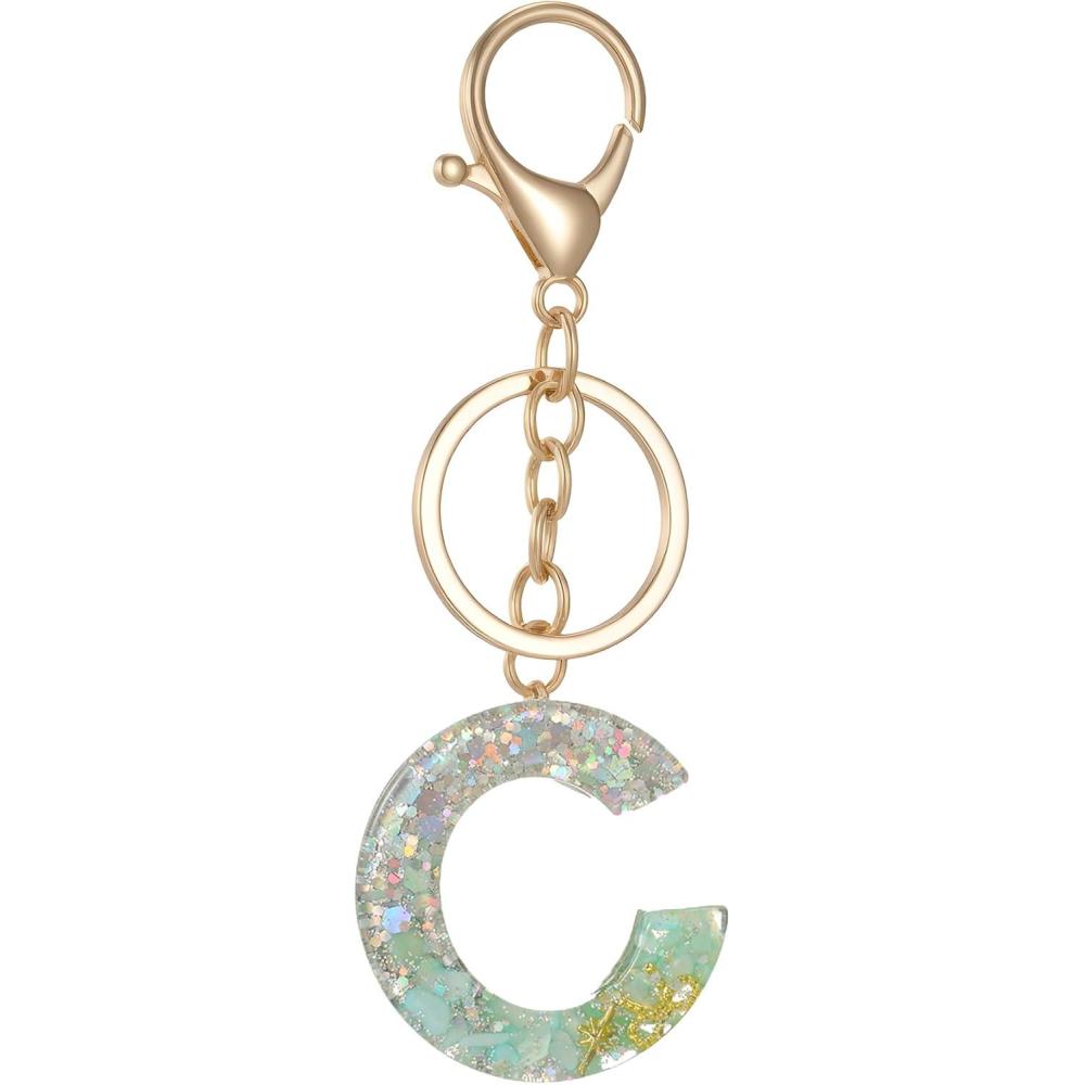 imageGold Initial Letter Keychains for Women Lake Green Cute Bag Charm for Purse Handbags Keyring Accessories GiftsLake Green C