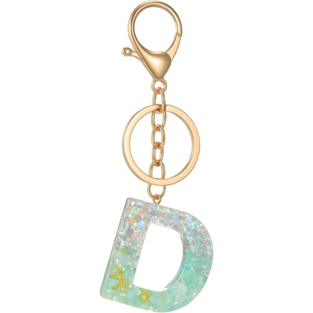 imageGold Initial Letter Keychains for Women Lake Green Cute Bag Charm for Purse Handbags Keyring Accessories GiftsLake Green D