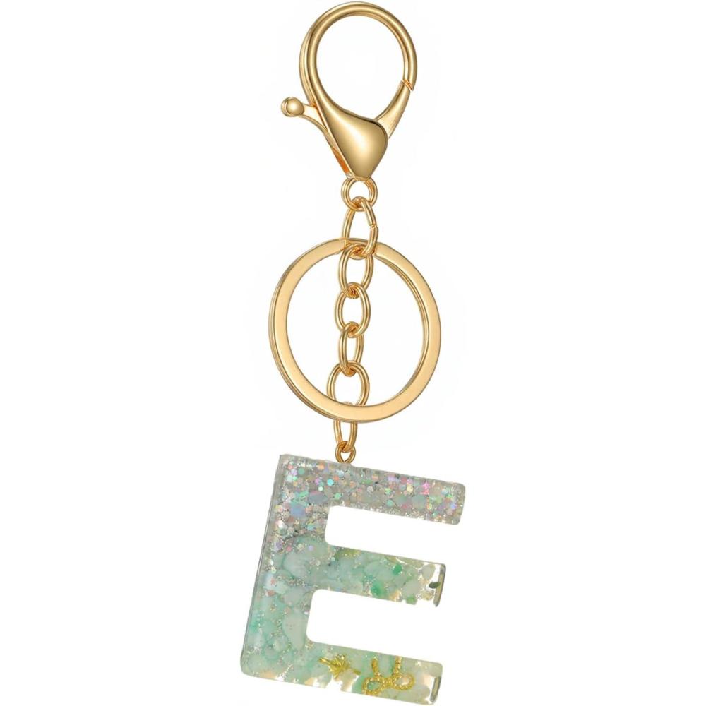 imageGold Initial Letter Keychains for Women Lake Green Cute Bag Charm for Purse Handbags Keyring Accessories GiftsLake Green E
