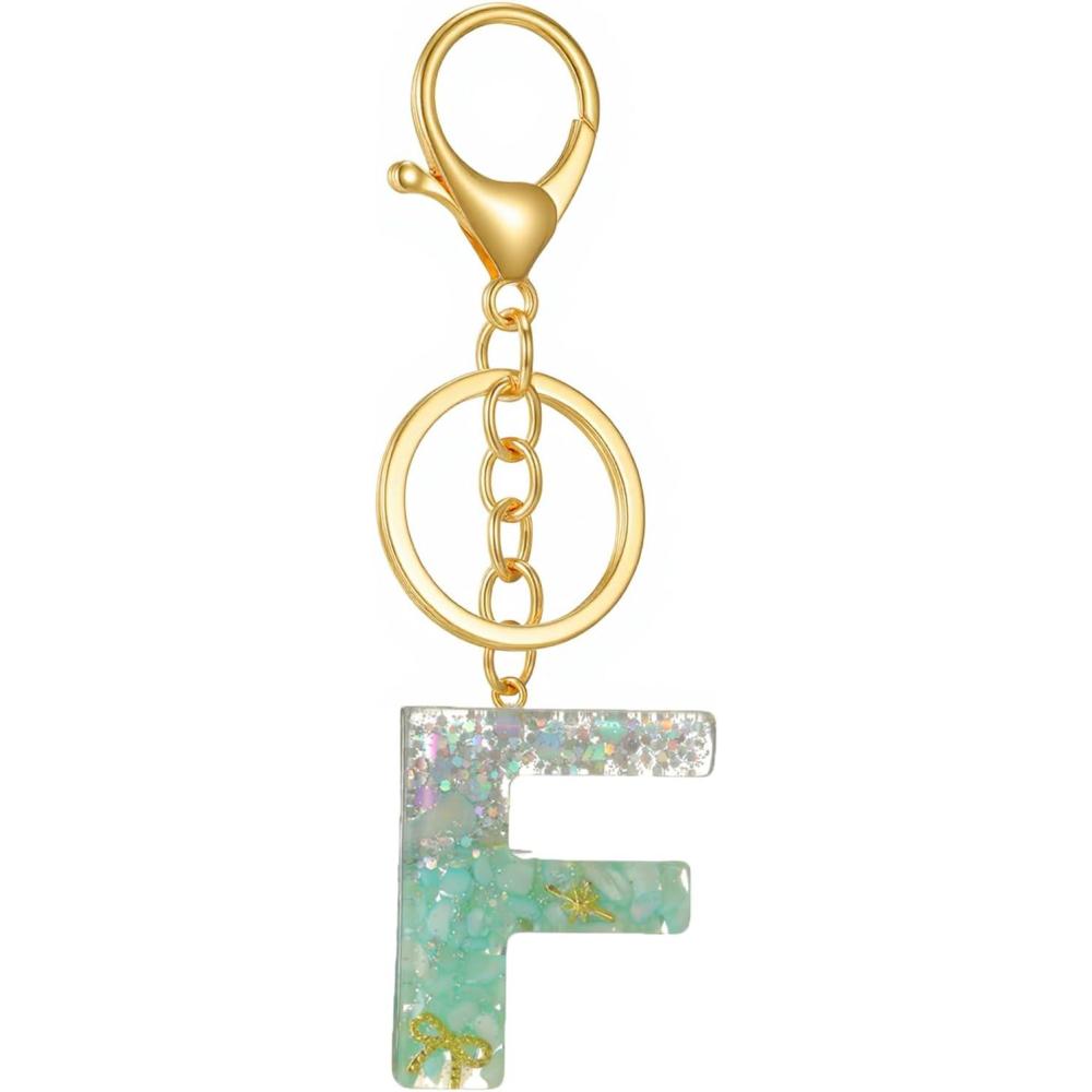 imageGold Initial Letter Keychains for Women Lake Green Cute Bag Charm for Purse Handbags Keyring Accessories GiftsLake Green F