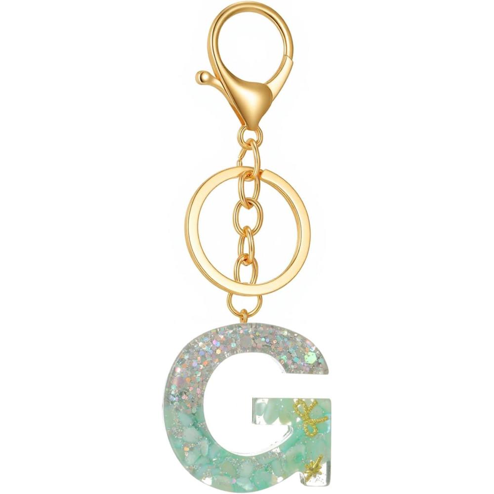 imageGold Initial Letter Keychains for Women Lake Green Cute Bag Charm for Purse Handbags Keyring Accessories GiftsLake Green G