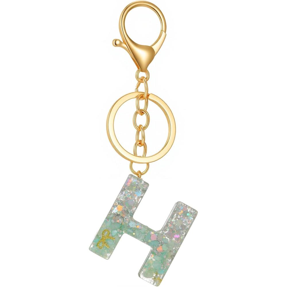 imageGold Initial Letter Keychains for Women Lake Green Cute Bag Charm for Purse Handbags Keyring Accessories GiftsLake Green H