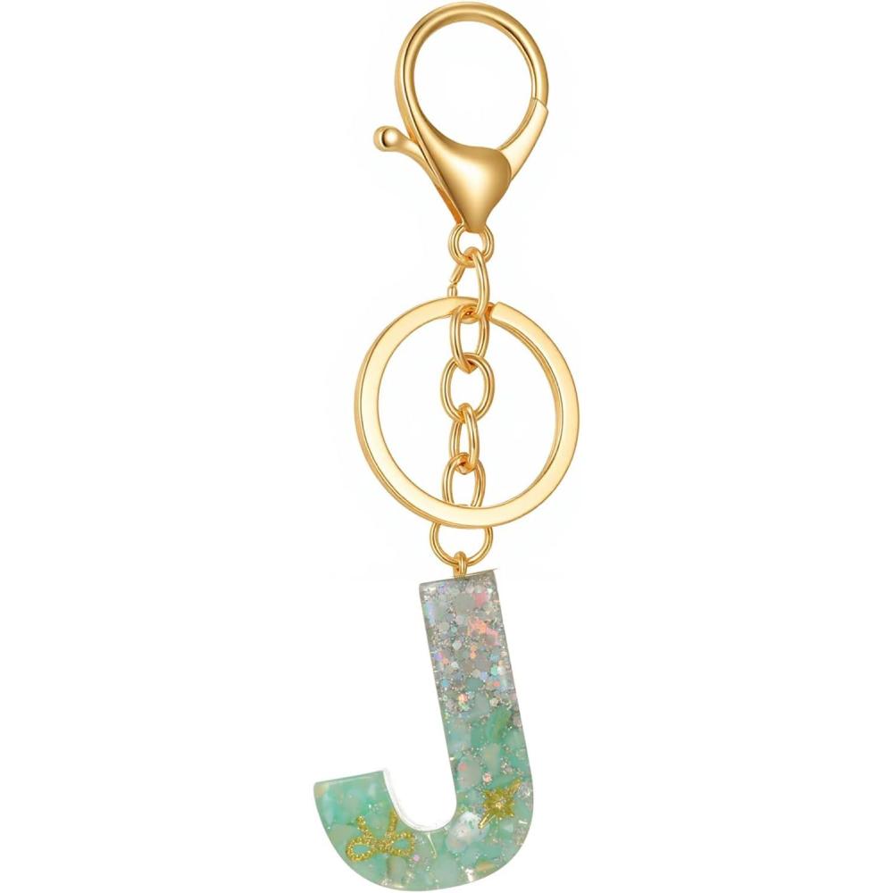 imageGold Initial Letter Keychains for Women Lake Green Cute Bag Charm for Purse Handbags Keyring Accessories GiftsLake Green J