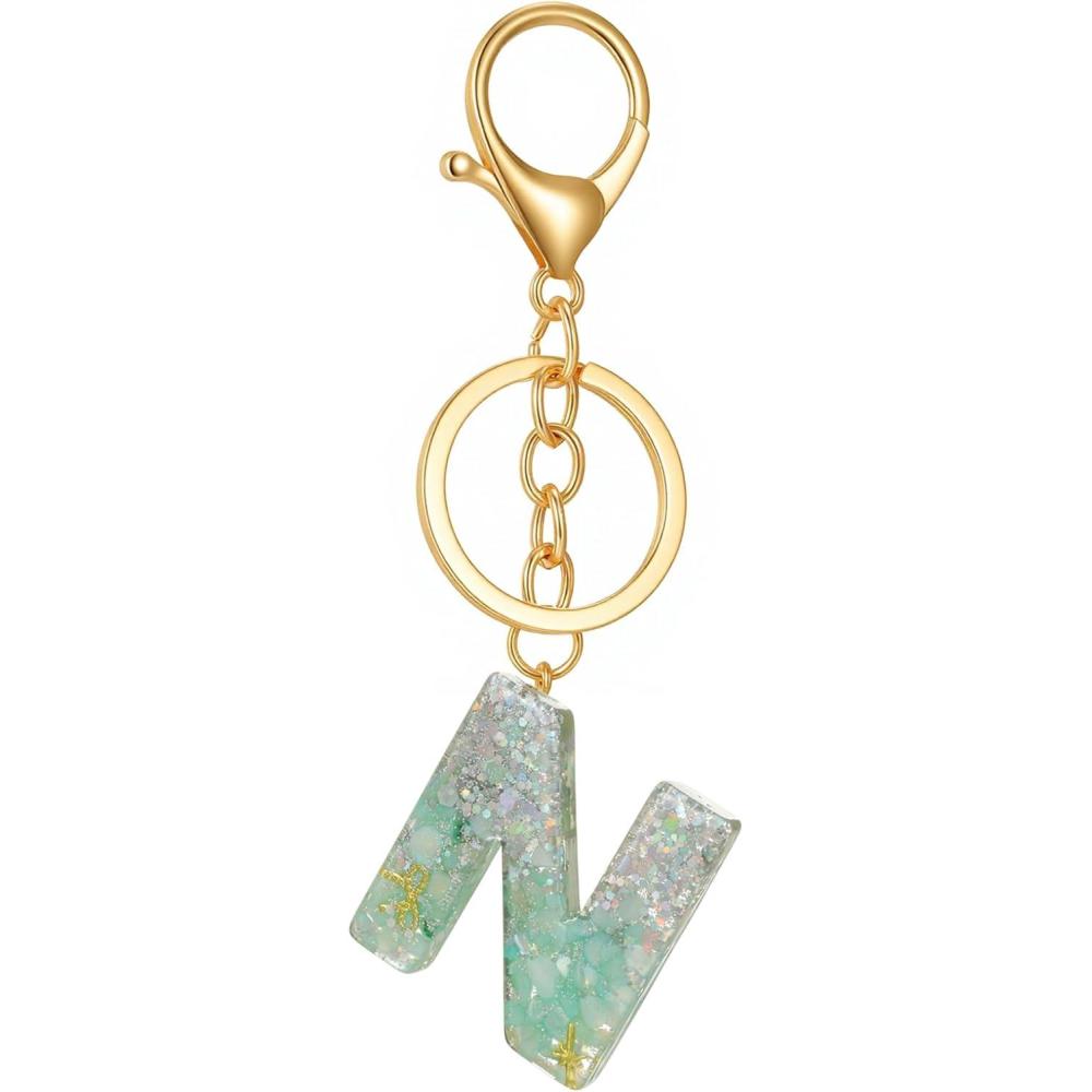 imageGold Initial Letter Keychains for Women Lake Green Cute Bag Charm for Purse Handbags Keyring Accessories GiftsLake Green N