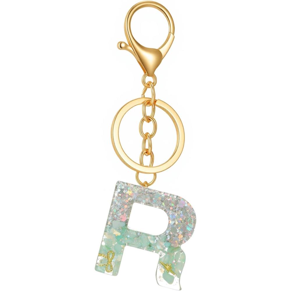 imageGold Initial Letter Keychains for Women Lake Green Cute Bag Charm for Purse Handbags Keyring Accessories GiftsLake Green R