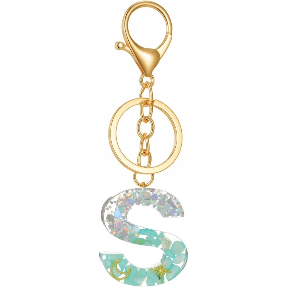 imageGold Initial Letter Keychains for Women Lake Green Cute Bag Charm for Purse Handbags Keyring Accessories GiftsLake Green S