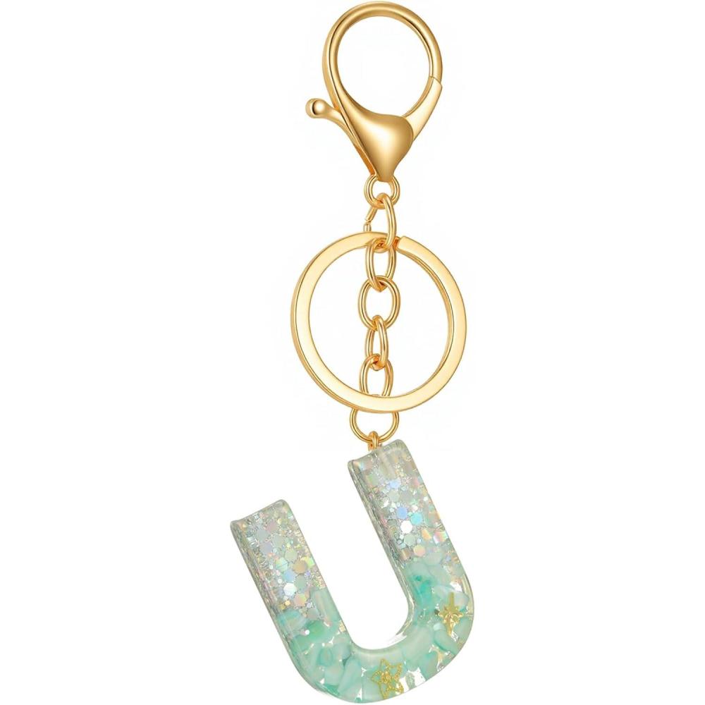 imageGold Initial Letter Keychains for Women Lake Green Cute Bag Charm for Purse Handbags Keyring Accessories GiftsLake Green U