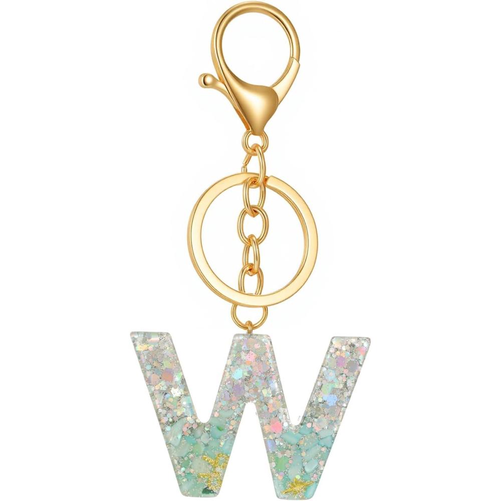 imageGold Initial Letter Keychains for Women Lake Green Cute Bag Charm for Purse Handbags Keyring Accessories GiftsLake Green W