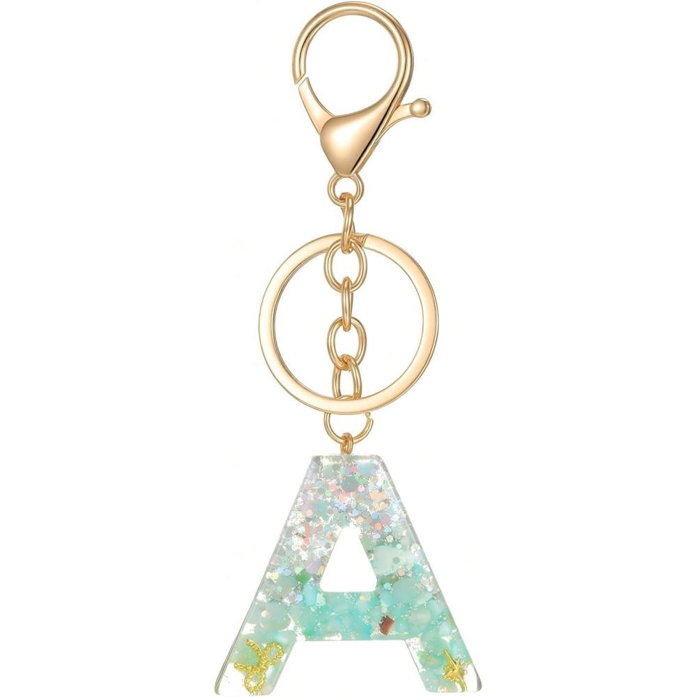 imageGold Initial Letter Keychains for Women Lake Green Cute Bag Charm for Purse Handbags Keyring Accessories GiftsLake Green a