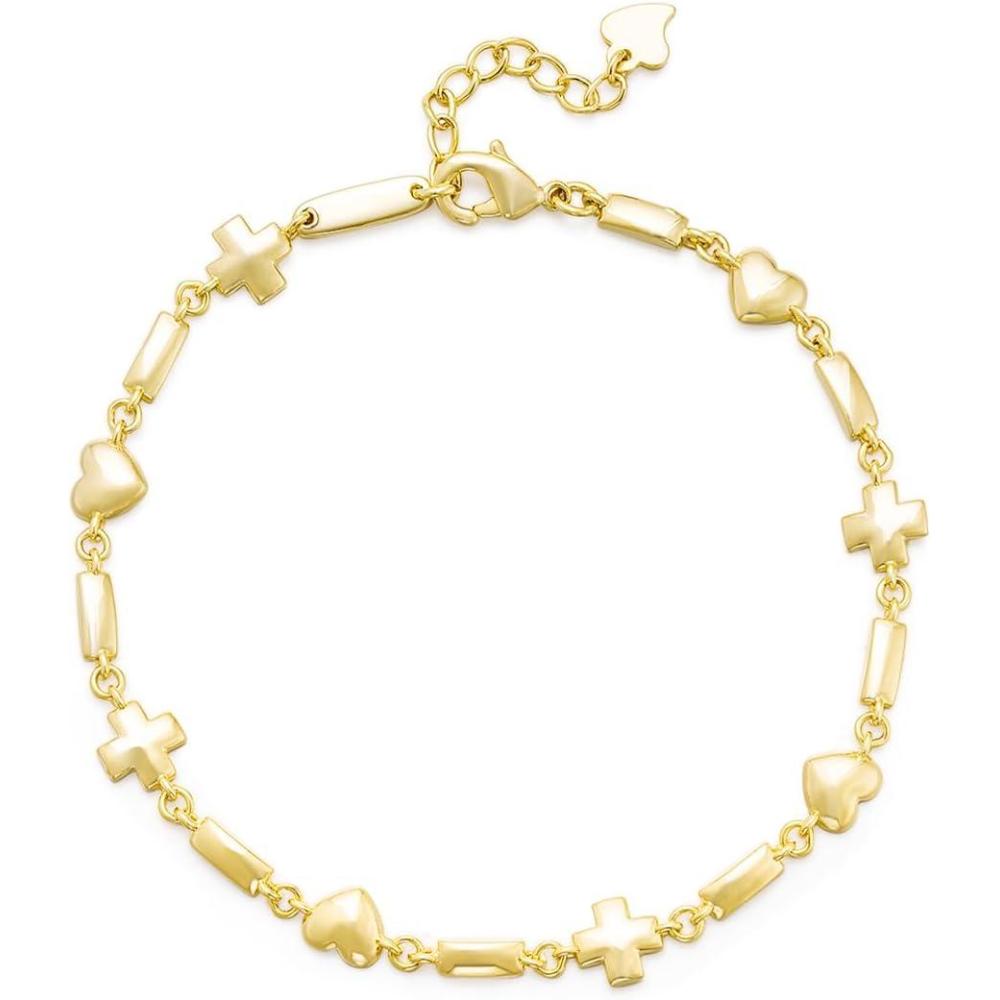 imageTIGRADE 14K Gold Plated Cross Love Heart Link Chain Bracelet Dainty Adjustable Bracelets for Women Friendship Size 657 InchGold